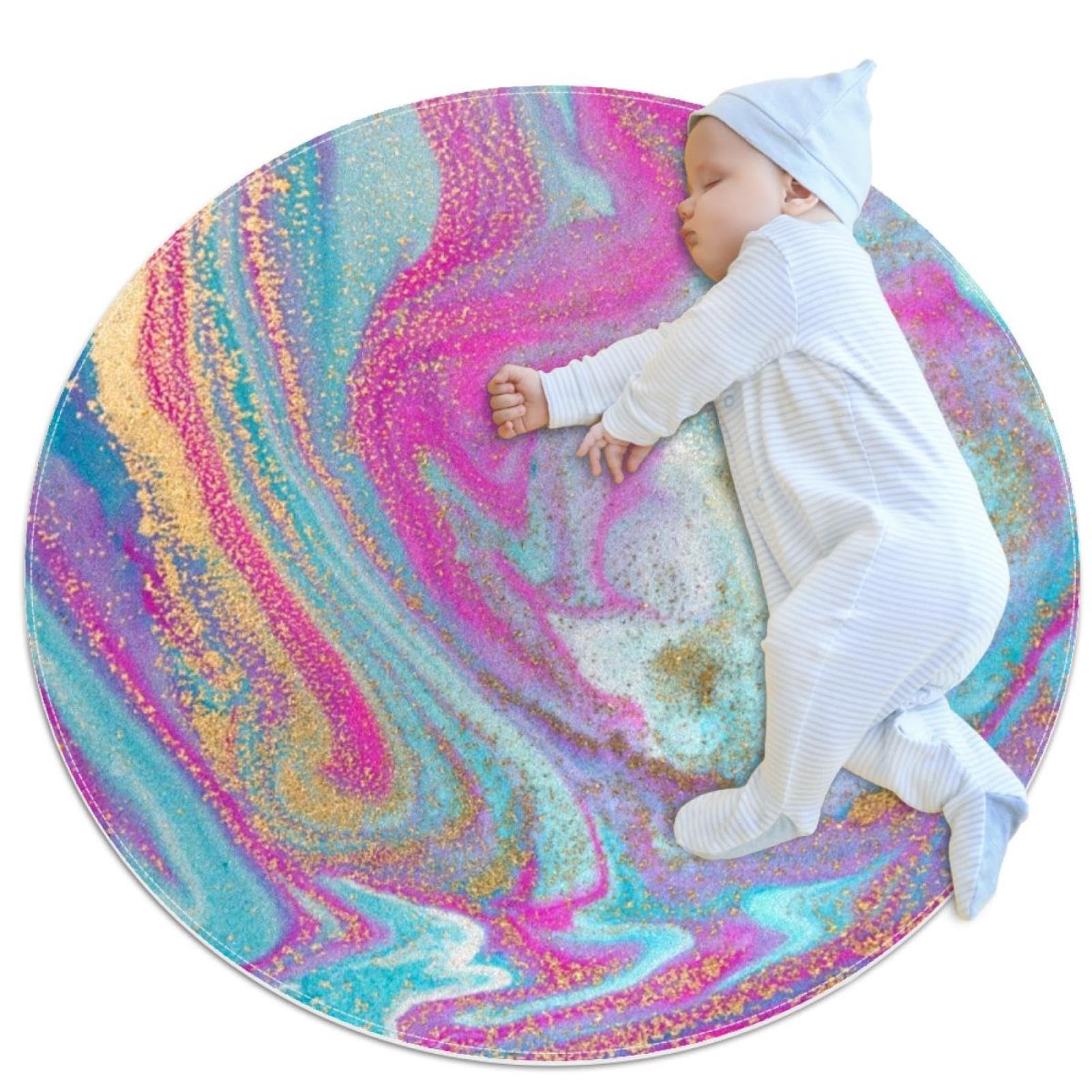 Tapis de luxe à imprimé texture pailletée camomille bleu rose rond 1m