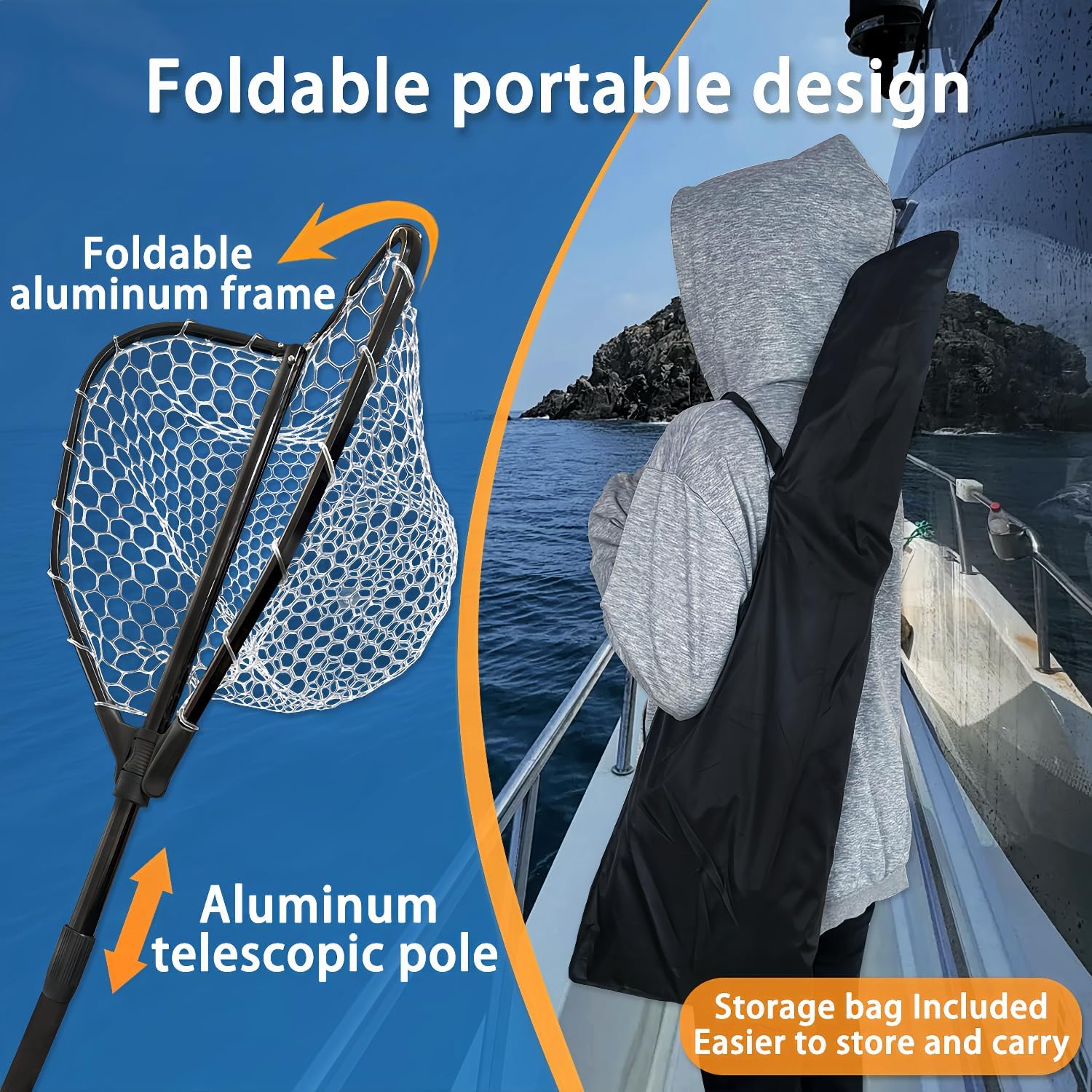 74.8in Fishing Net with Handle, Collapsible Foldable Landing Net Extendable with Aluminum Handle, Large Rubber Foldable