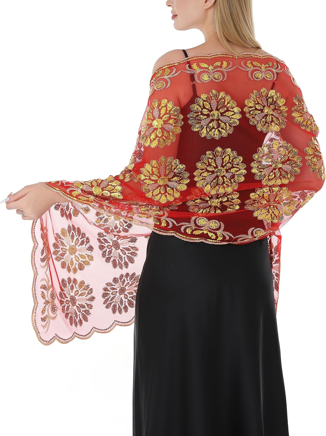 Women Evening Shawls and Wraps for Dresses, Chiffon Sheer Floral Lace Formal Wedding Elegant Sequin Shawl