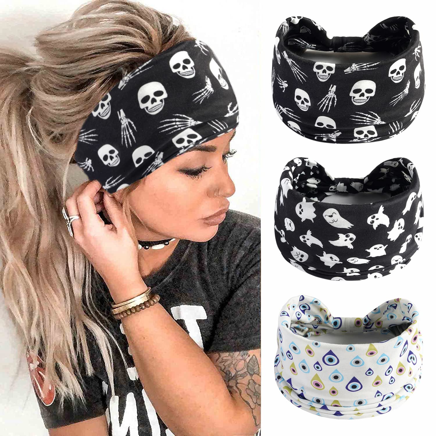 Halloween Headbands, Pumpkin Skeleton Skull Ghost Cosplay Spider Hairbands Halloween Christmas Holiday Headband, Yoga Exercise Headband Hair Holder for Women Girls (3 PCS-Skull)