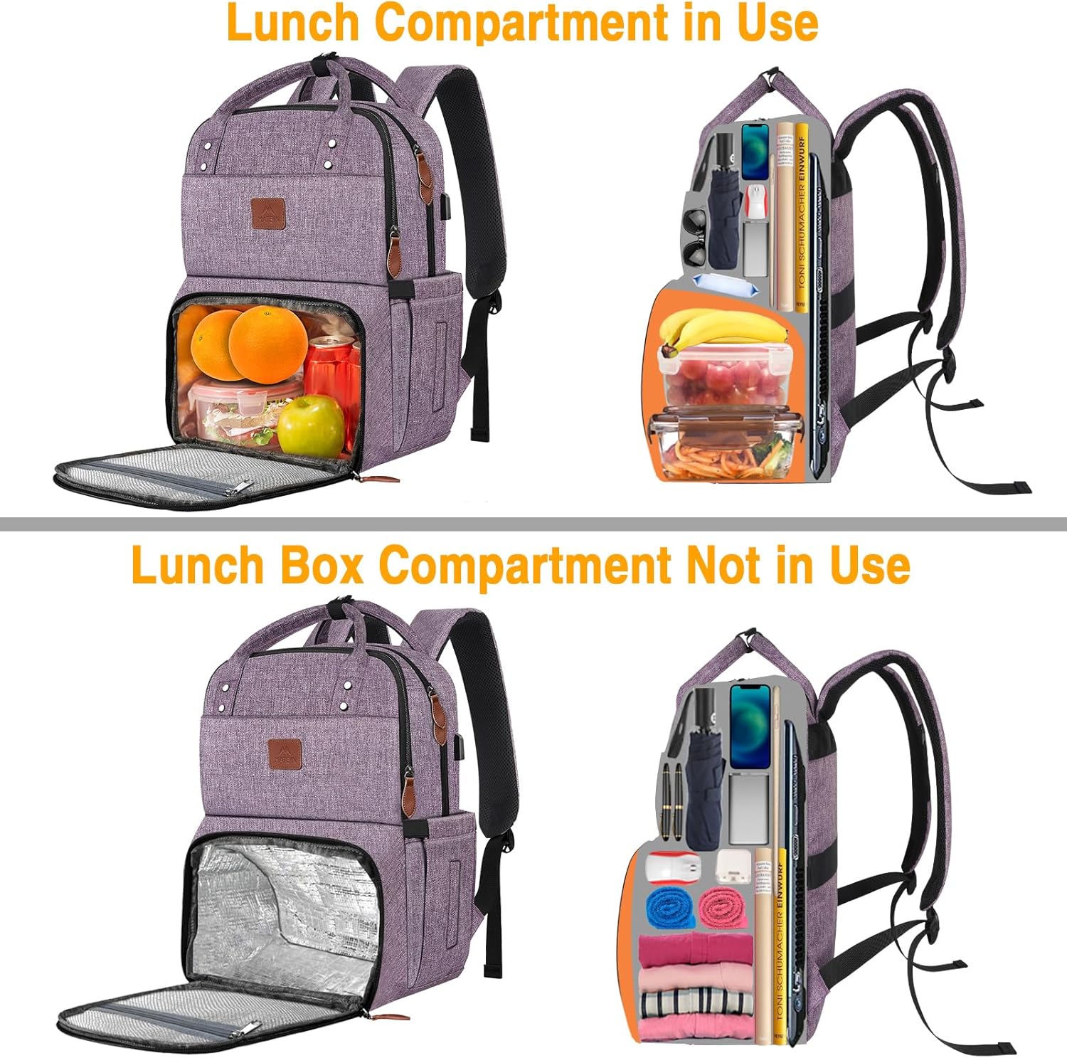 MATEIN Womens Backpack with Lunch Compartment, 17 Inch Laptop Backpack with USB Port, Water Resistant Cooler Backpack Tote Food Bag for Work College Travel Camping Picnic, Gift for Her (Purple) - Image 5
