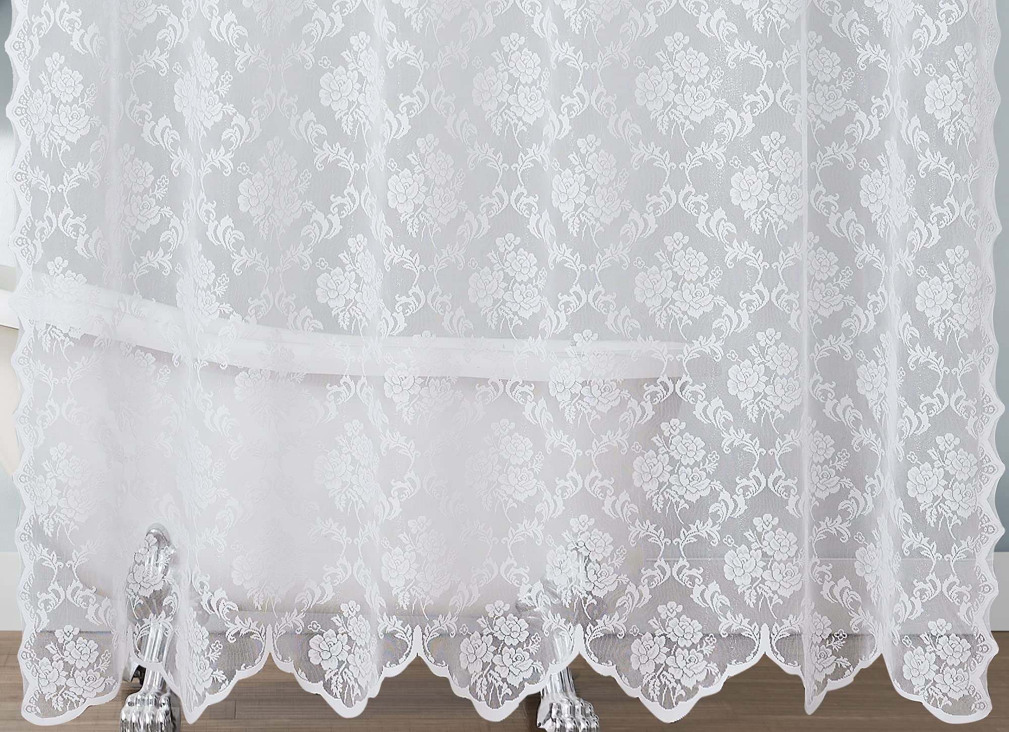 Warm Home Designs Cortina de ducha de encaje blanco con cenefa adjunta y borlas elegantes. 72 x 84 pulgadas extra larga para baño. Lujo para decoración única de baño. MSH blanco 84 pulgadas