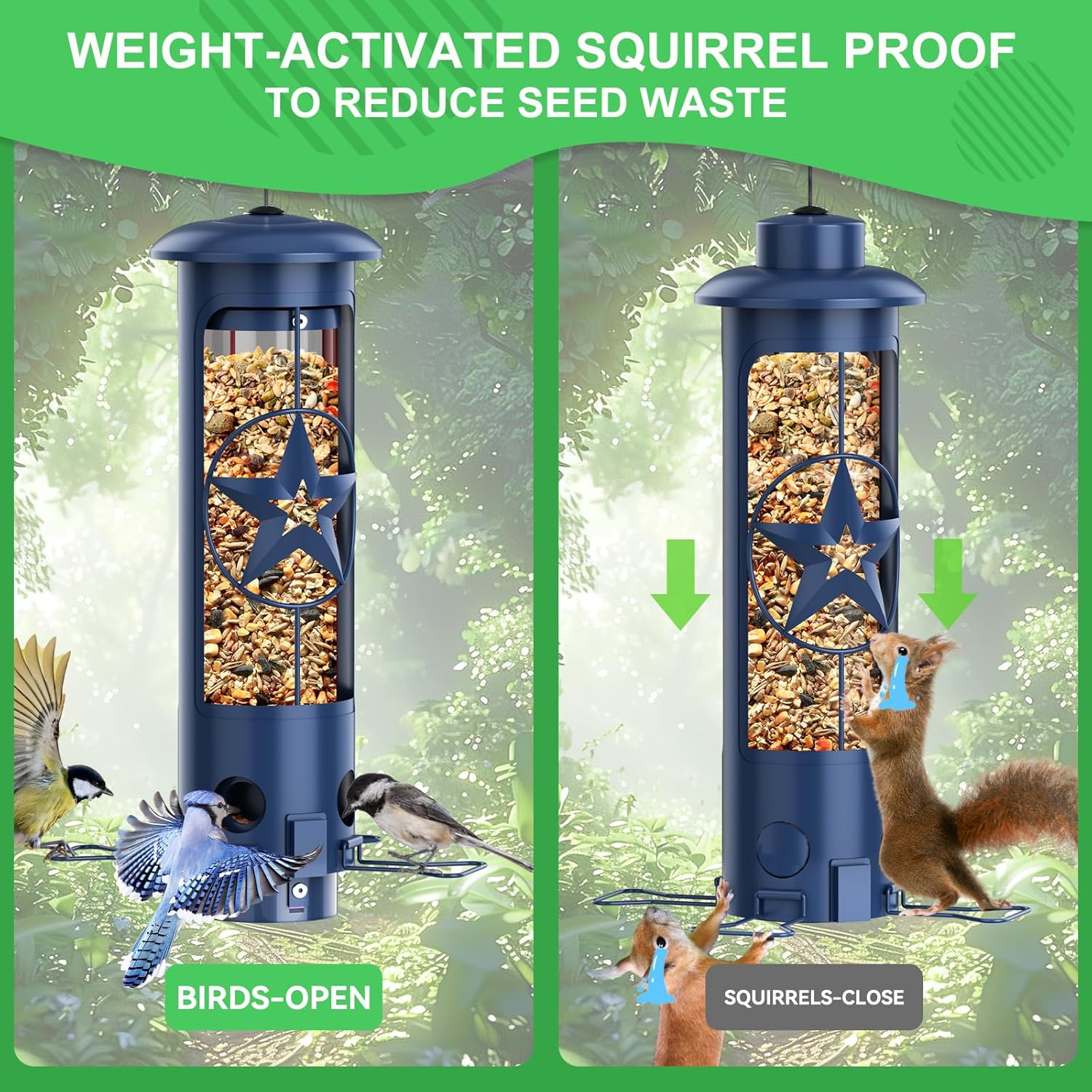 Squirrel Proof Bird Feeders for Outdoors with Weight-Activated, 3LB Large Metal Wild Bird Feeders for Cardinals,Blue Jay,Finch, Weatherproof Durable Tube Hanging Bird Feeder for Backyard,Garden,Patio