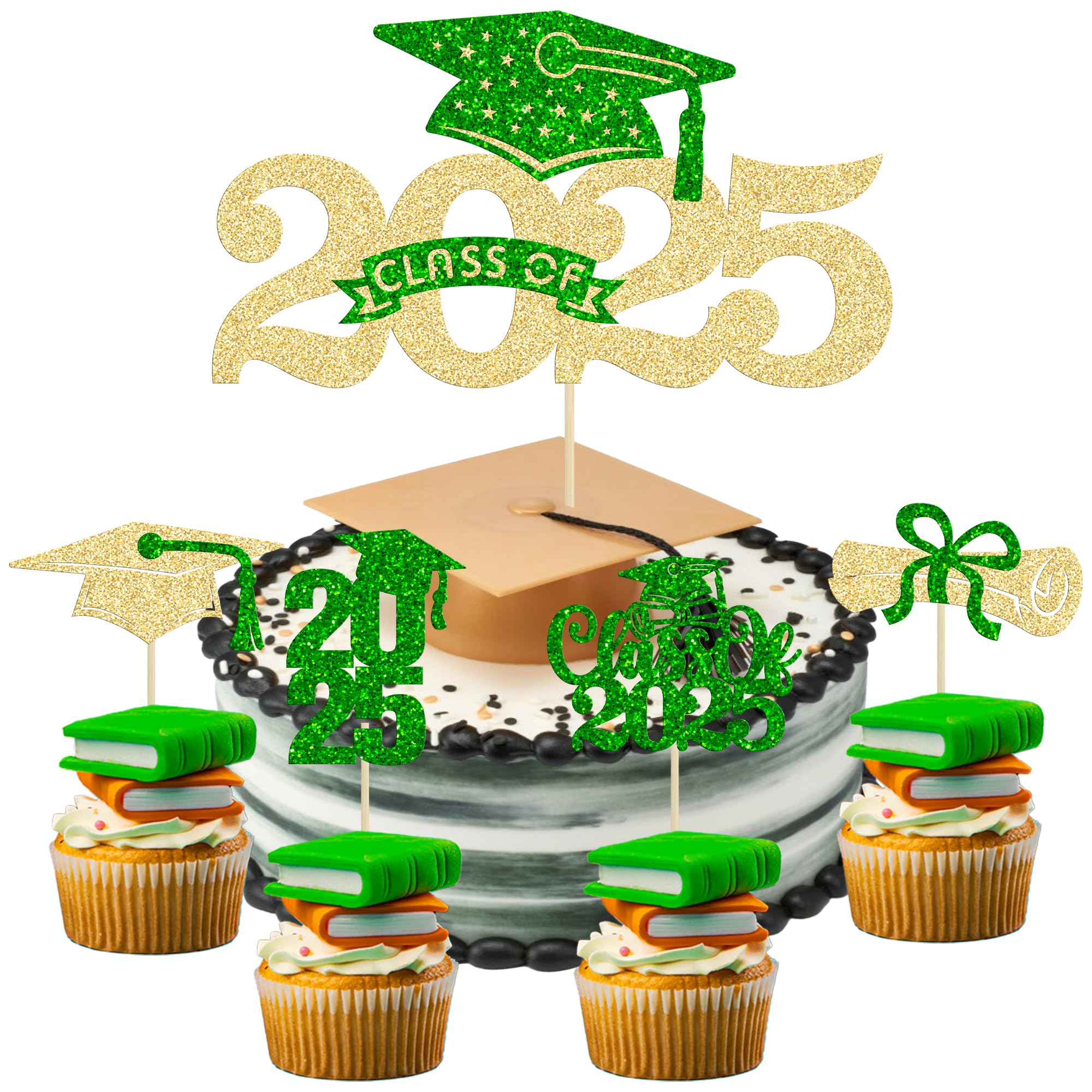 Ephlyn 25Pcs 2025 Graduation Cake Topper Glitter Congrats 2025 Cap Cake Pick Class of 2025 Cupcake Decorations for for 2025 Graduation Theme High School Boys Girls Graduate Party Supplies Gold Green