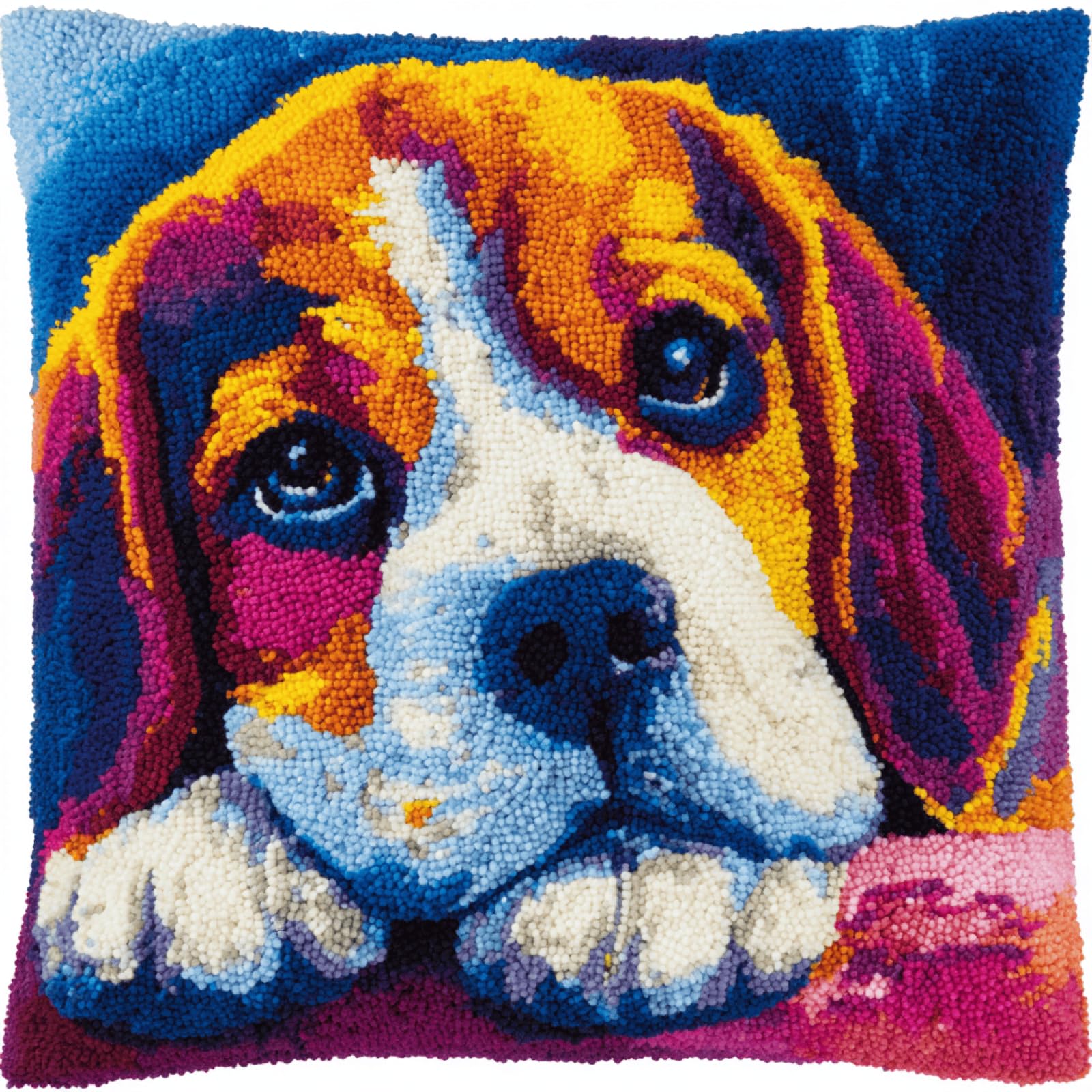 kitphoenix Latch Hook Rug Making Kit for Cushion 43x43 cm,Beagle,DIY Craft Set with Colour Printed Canvas,Pre-Cut Yarn,Crochet Hook and Instructions