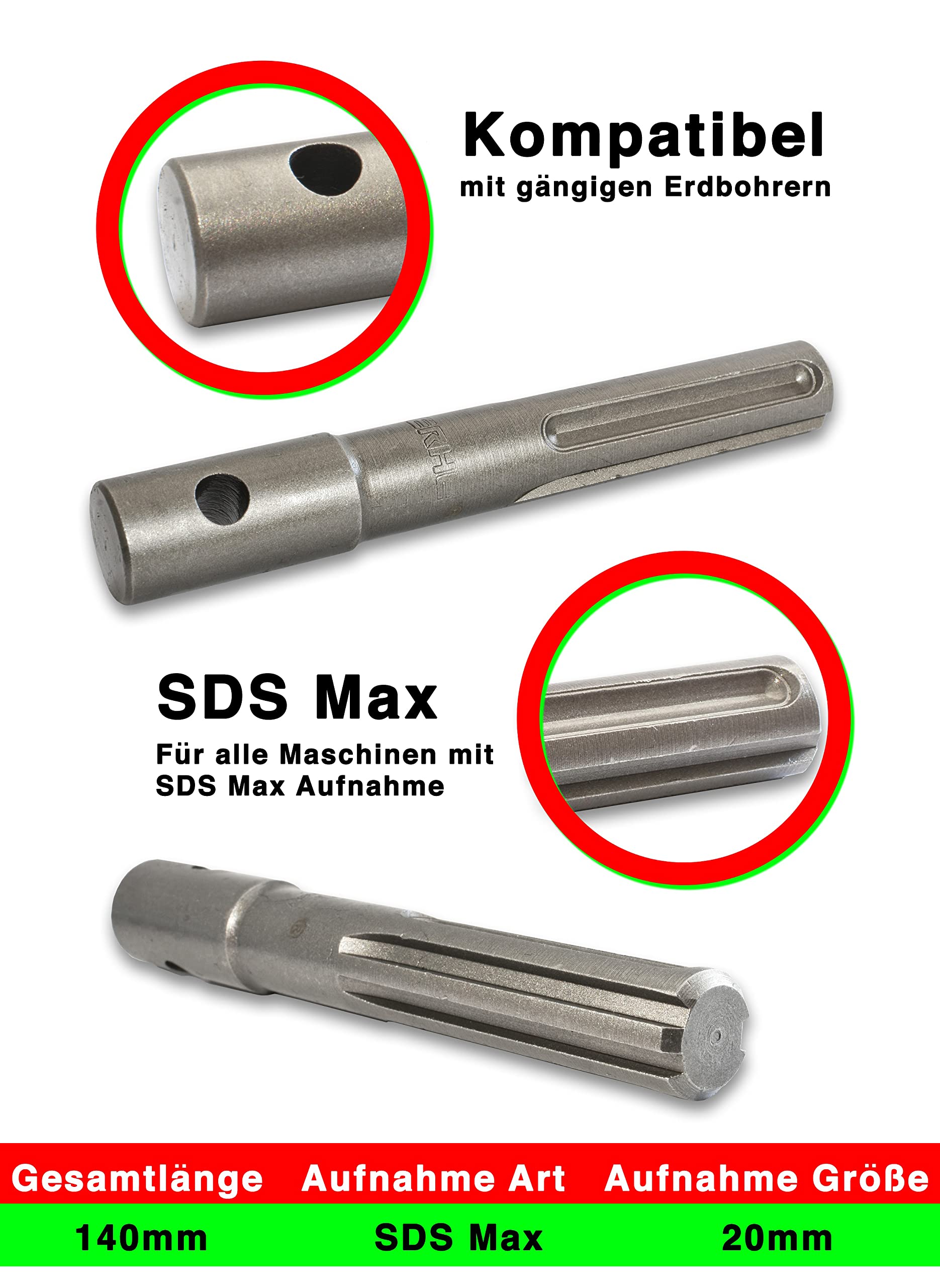 WERHE® Profi Drill Acero macizo, Taladro de tierra para perforar 80 mm de doble eje extremadamente robusto con adaptador SDS Max