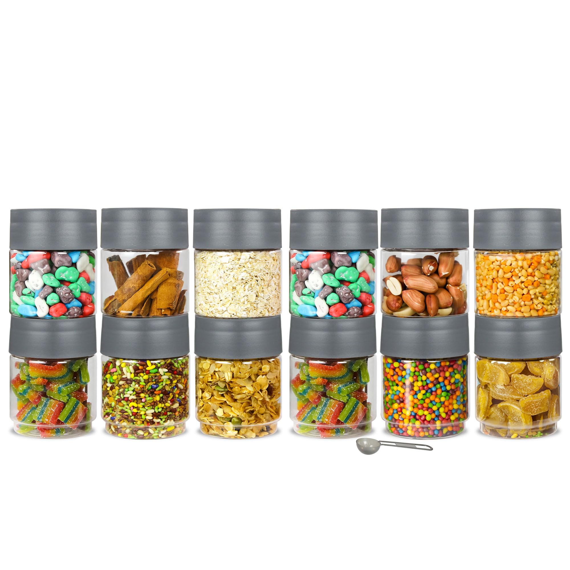 PEARLPET Modedge Plastic Jar Airtight Stackable Container for Kitchen Storage with Spoon, Set of 12 Pieces, Grey, 200 ML (B0CQC9T825) Amazon Price History, Amazon Price Tracker