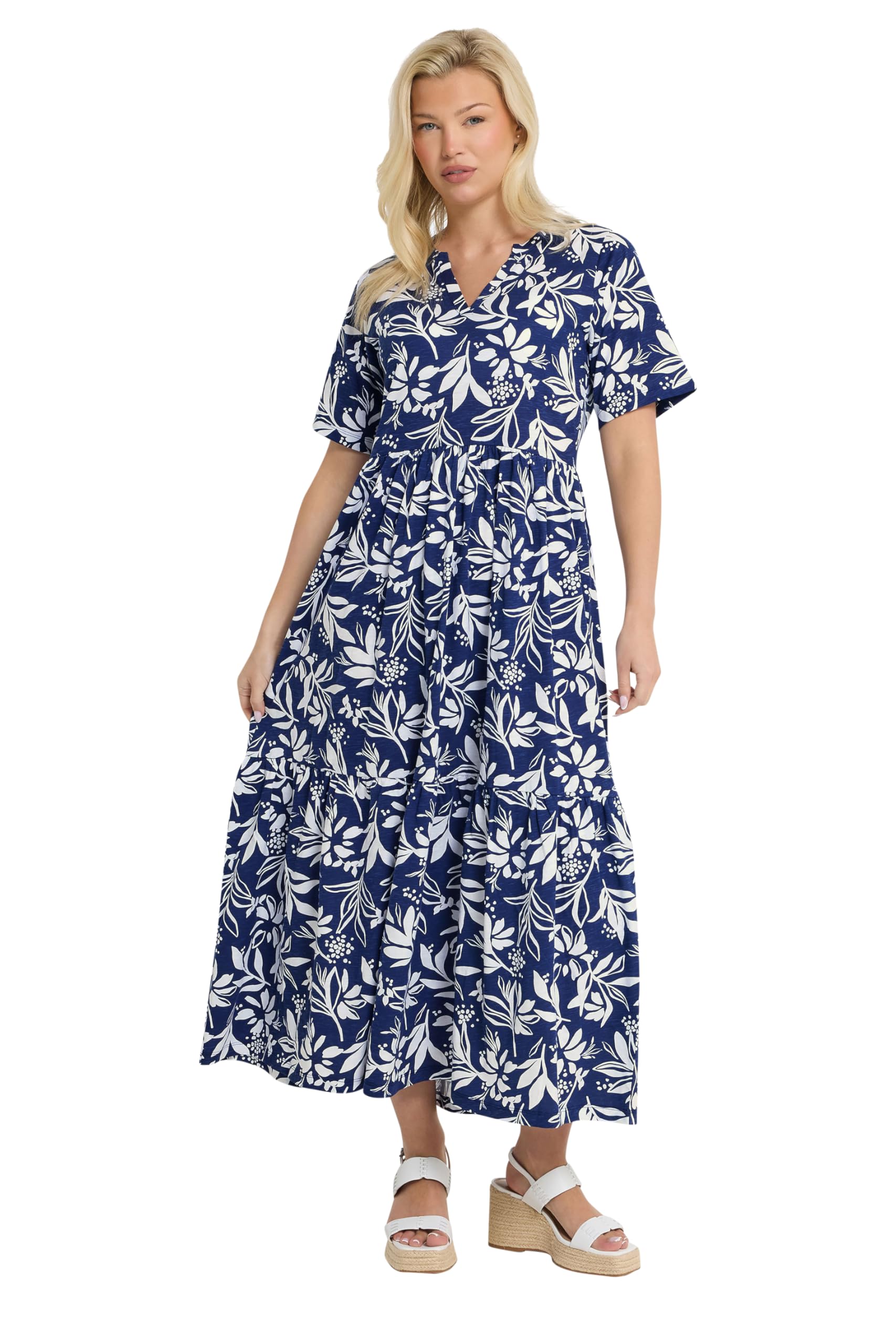 M&Co Women's Dark Blue Leaf Print Notch Neck Cotton Maxi Dress In | Size: 16