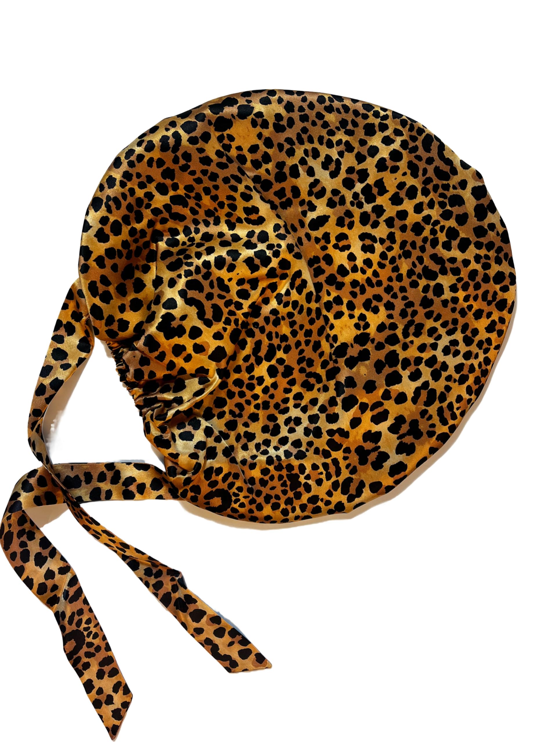 KARAM 100% Mulberry Silk Bonnet Premium 22mm Grade 6A Pure Silk Night Cap Adjustable Turban with Elastic Band and Adjustable Ribbons (Leopard Print)