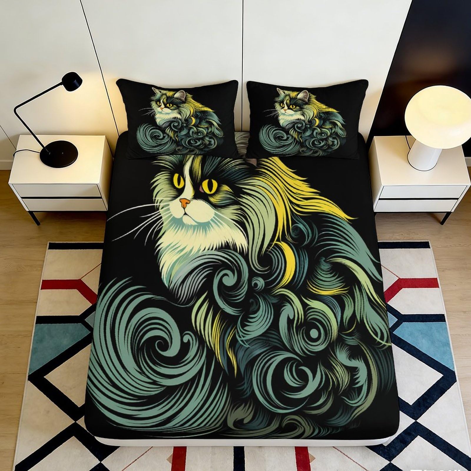 3D Printed Artistic Cat Fitted Sheet Microfiber Soft Durable Decorative Cat Pattern Bed Cover for Bedroom Dormitory Guest Room Mattress Protection 120x200x25cm