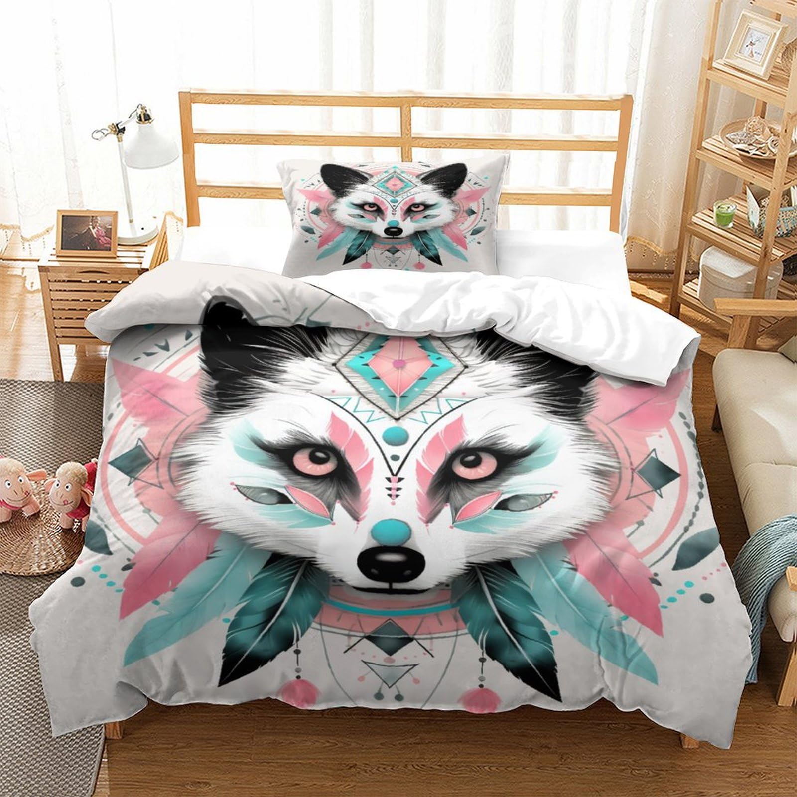P1S9U7W5Y Bohemian Fox 3D Printed Duvet Cover Set 3 Pieces Microfiber Animal Pattern Bedroom Decor Feather Bedding Set for Adults Single（135x200cm）