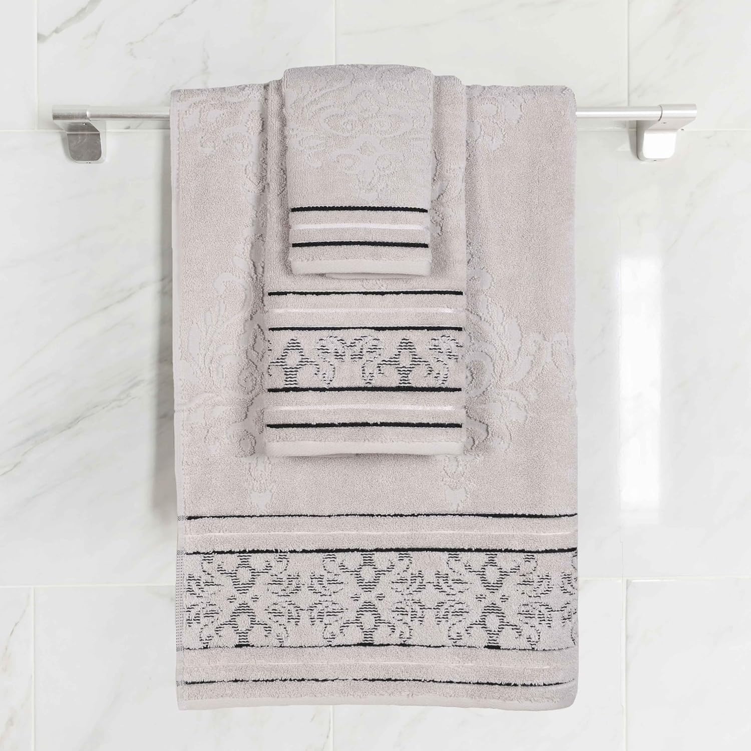 Superior Cotton 3 Piece Towel Set, Includes 1 Bath, 1 Hand, 1 Washcloth/Face Towel, Quick Dry, Home Essentials, Shower, Spa, Luxury Plush Soft Absorbent Towels, Zero Twist, Jacquard Floral, Platinum - Image 12