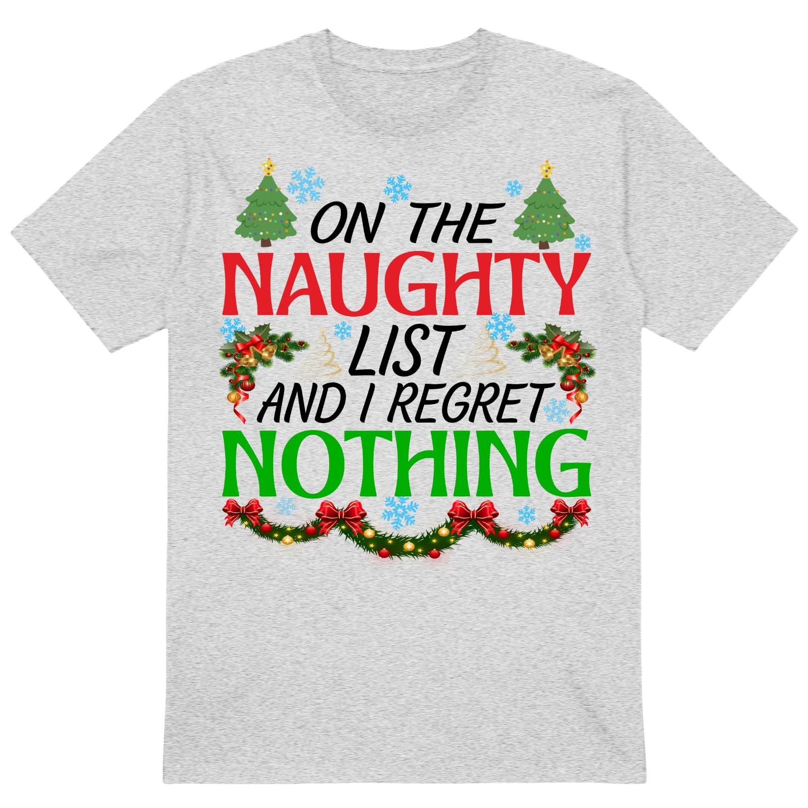 PB TECH Funny Christmas Family T-Shirt - On Naughty List and I Regret Nothing Santa Christmas T-Shirt, Funny Santa Shirt for Women and Men Unisex (UK, Alpha, S, Regular, Regular, Grey)