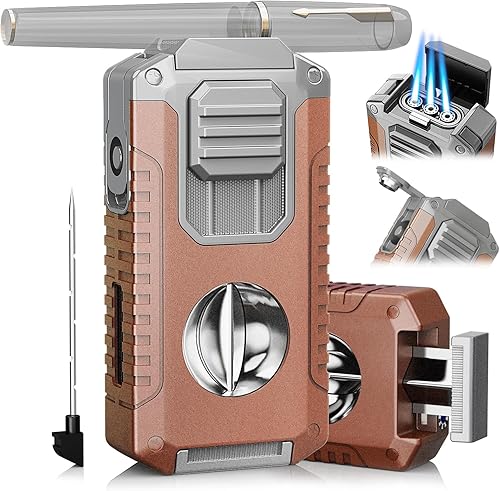 Encendedor de antorcha 5 en 1 con accesorios multifuncionales, llamas de chorro triples (sin gas) (naranja plateado)