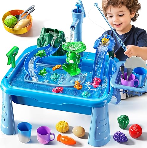 Miniatura 8 de Fregadero de juguete de mesa de agua para niños de 2, 3, 4, 5, 6 años, cocina al aire libre con agua corriente, juegos de pesca, mesa de juegos de