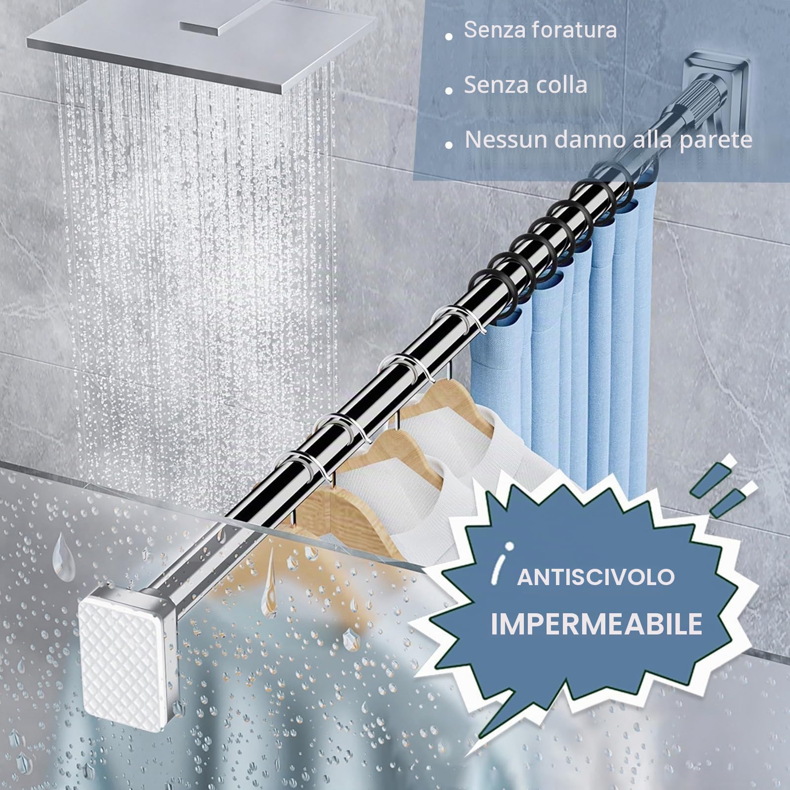 Bastone tenda senza fori, 410-500 cm, 360-450 cm, 310-400 cm, antiscivolo, telescopico, per bagno, armadietti e finestre