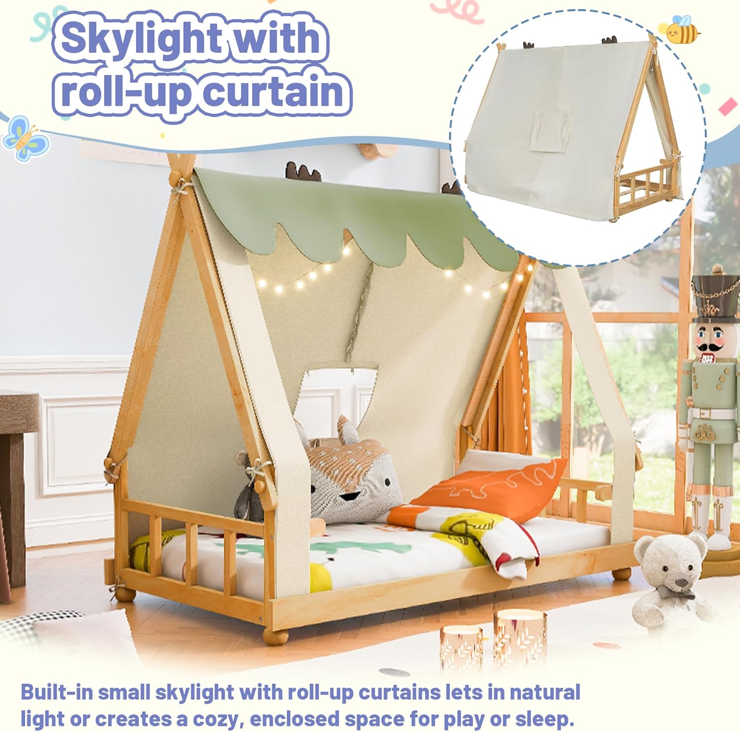 Twin Size Floor Bed with Tent and Light, Wooden Montessori Bed Frame with Roof Design, Low Profile Beds for Kids, Boys and Girls, White