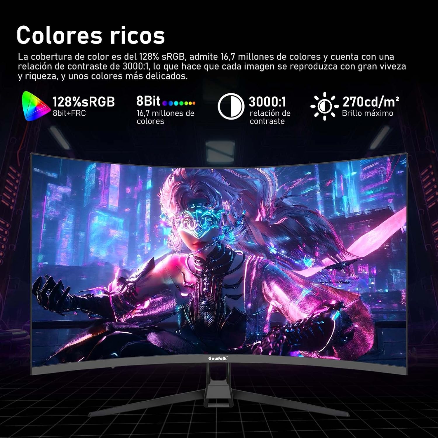 Gawfolk Monitor Ordenador Curvo 32 Pulgadas 4K Ultra HD 1500R, Pantalla Gaming 160Hz, 1ms, AdaptiveSync, 128% sRGB, Altavoces Integrados, HDMI 2.1, DisplayPort, Compatible con Montaje en Pared -Negro 6