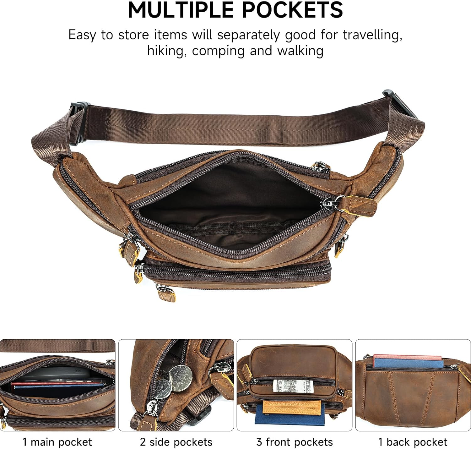 Crazy Horse Leather Mens Fanny Pack for Women Belt Bag Purse Running Waist Pack for Phone Bum Hip Bags Shoulder Crossbody Bags - Image 5