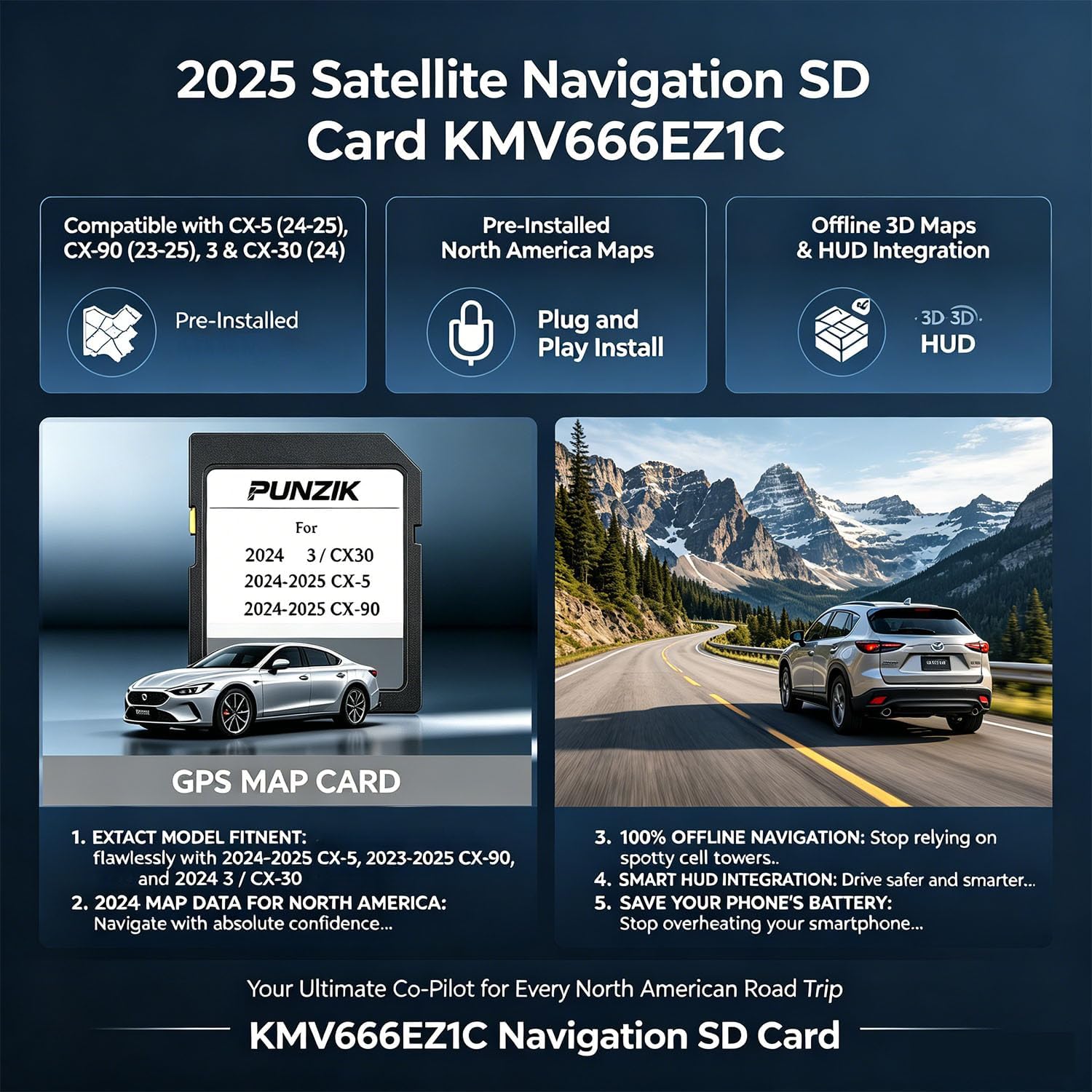 2026 Update Satellite Navigation SD Card Compatible with 2024 CX-30/3, 2024-2025 CX-5, 2024-2025 CX-90,Pre-Installed US CAN MEX Maps,Plug and Play Install,GPS in-Dash Navigation Accessories KMV666EZ1C