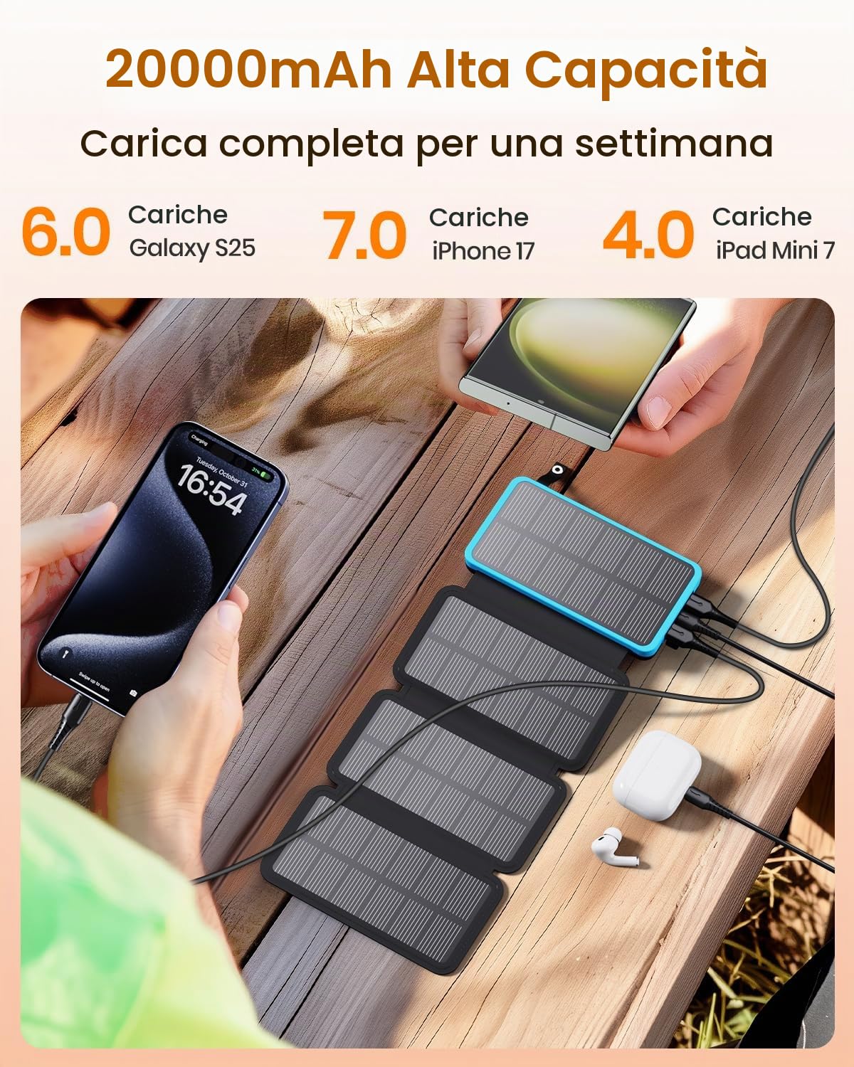 FEELLE Caricatore Solare 25000mAh, Power Bank Solare Batteria Esterna con Doppia Uscita USB 3,0A e 4 Pannelli Solari Pieghevoli Caricatore Portatile per Smartphone, Tablet, Campeggio ecc (Blu)