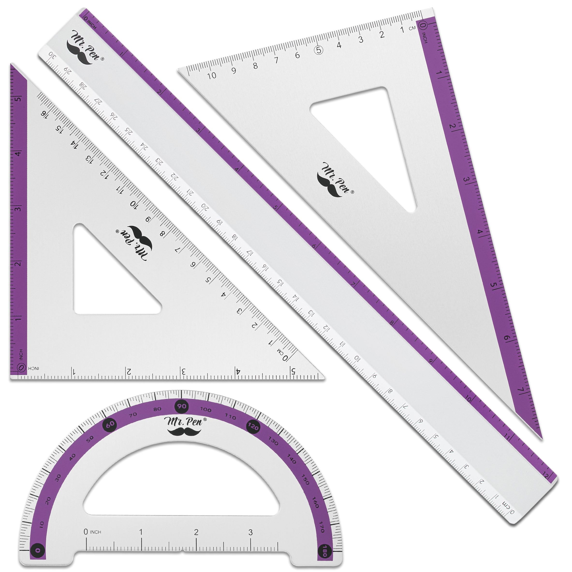 Mr. Pen- Geometry Set, Purple Stripes, 4 Pack, Metal Geometry Kit, Triangle Ruler, Metal Ruler, Drafting Triangles, Metal Protractor, Metal Set Square
