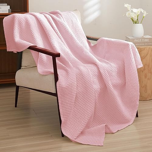 Miniatura 23 de PHF Manta de algodón prelavado con tejido de gofre tamaño throw para sofá cama, a prueba de enganches, para primavera y verano, ligera