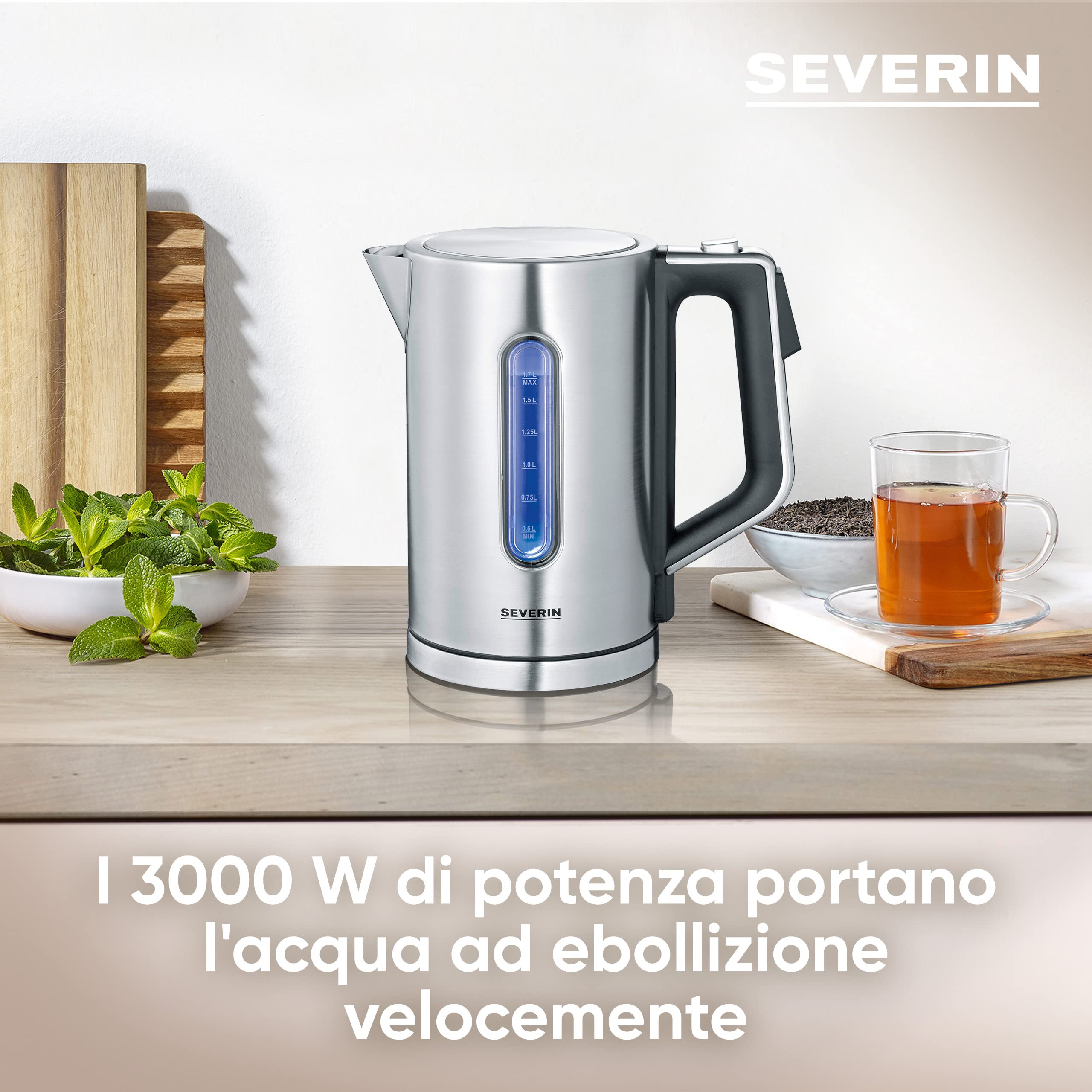 SEVERIN WK 3418 Bollitore per acqua XXL digitale 3000 W da 1,7 L, Teiera elettrica BPA Free con alimentazione Fast Boil, Bollitore elettrico con temperatura regolabile fino a 100°C