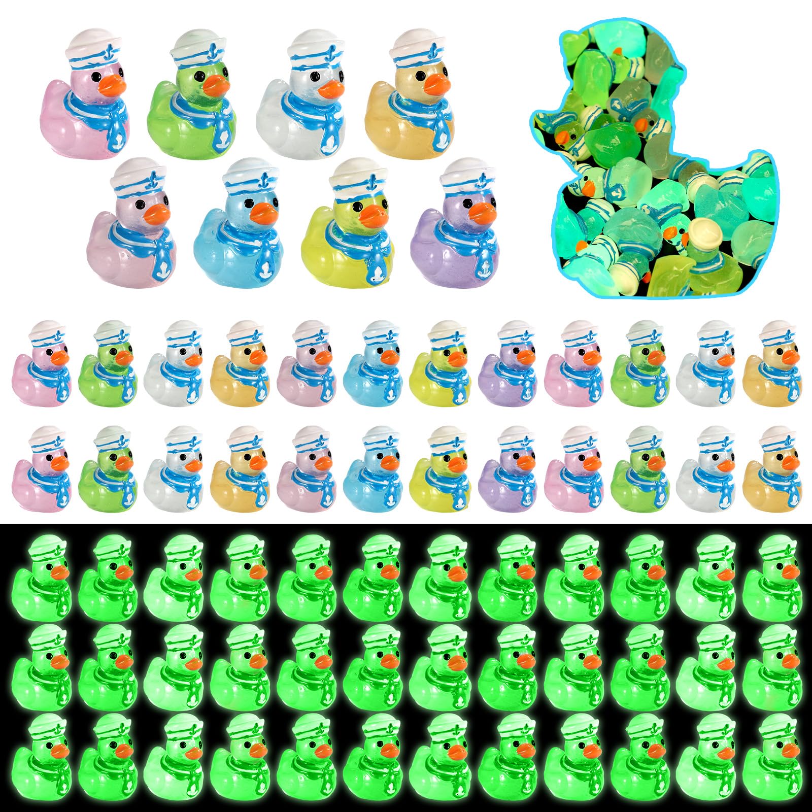 40pcs Mini Cruise Ducks Figure, Little Resin Luminous Miniature Cruise Ducks Doll Funny Small Tiny Resin Figurines Toys Gifts Suitable for Office Desk Home Micro Landscape Garden Decor Decorations