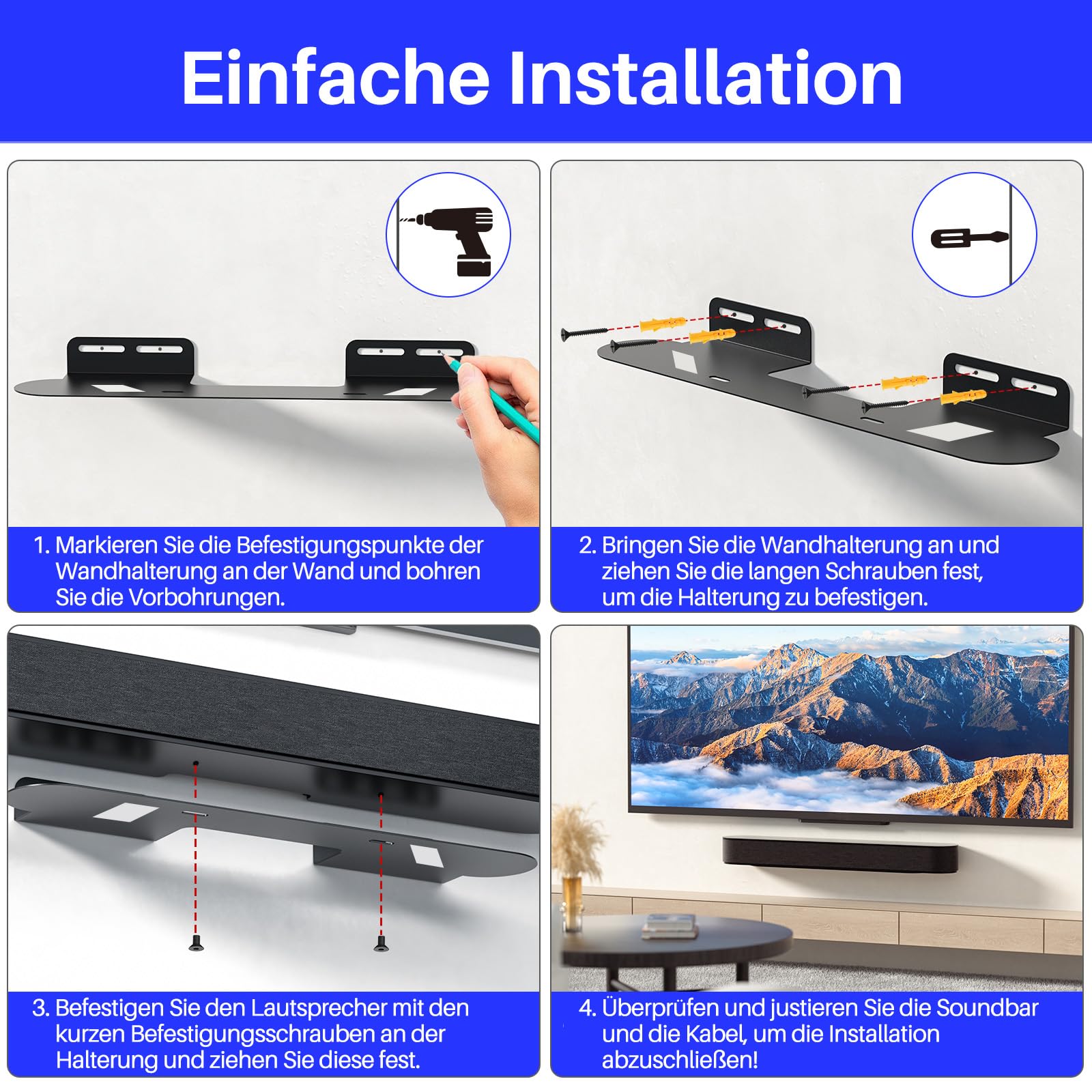 Soundbar-Halterung für Sonos Beam, Wandhalterung kompatibel mit Gen 1 & Gen 2, Sonos Beam Sound Bar Montagehalterung unter TV, inklusive aller notwendigen Montage-Hardware, Halterungen