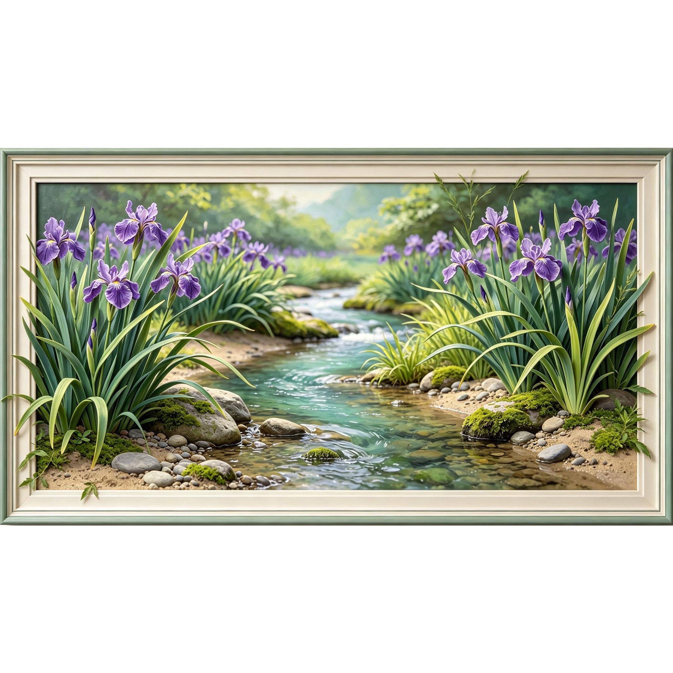 QZLITHOTIC 50×100cm 3D Framed Wall Art， Botanical Stream with Purple Iris Flowers Landscape Self?Adhesive Mural， Water?Activated Peel & Stick Fabric Decor Wall Decal for Bedroom Living Room