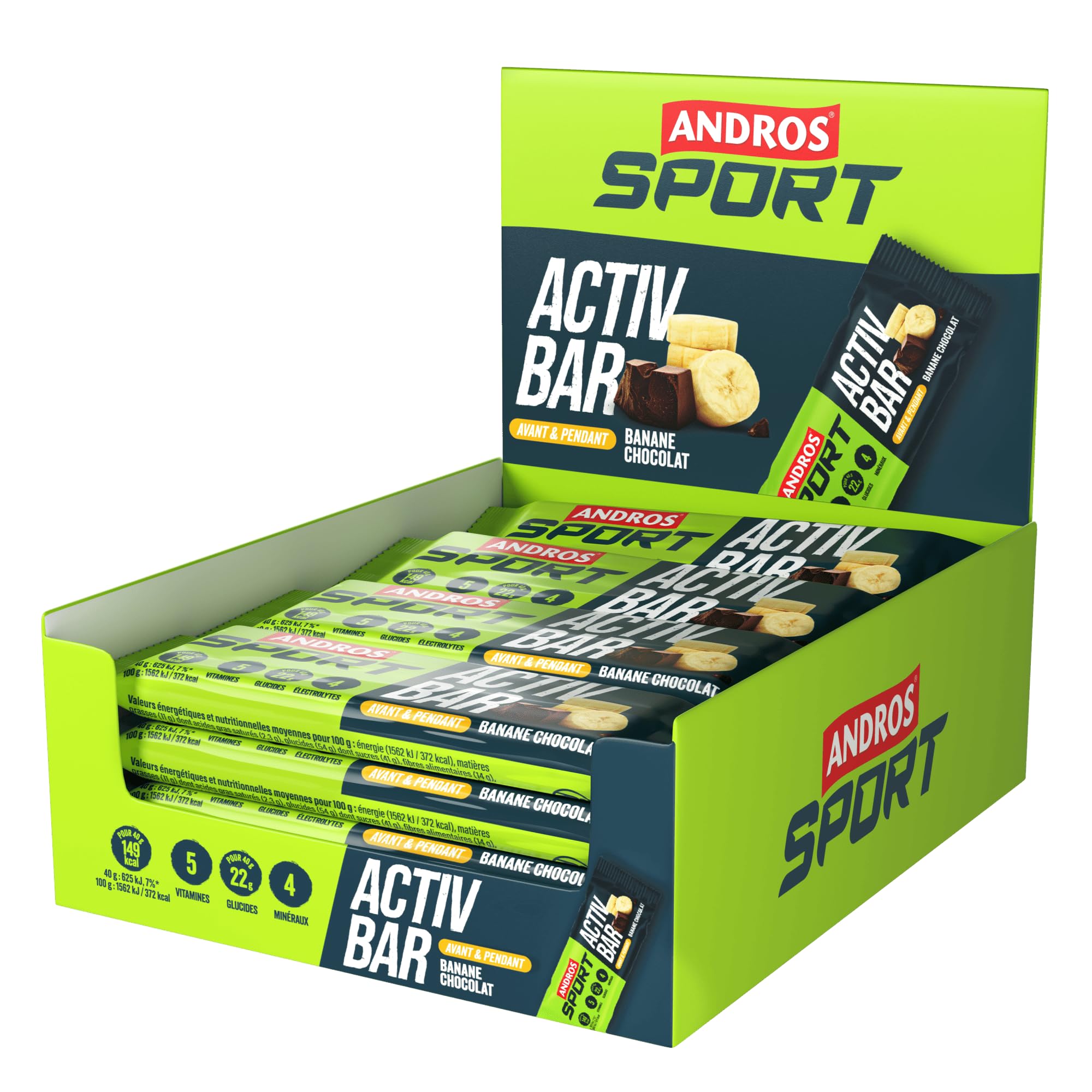 Andros Sport - Barritas Energéticas (16x40g) - Barritas energéticas - Rica en fruta y fuente de vitaminas - Plátano Chocolate