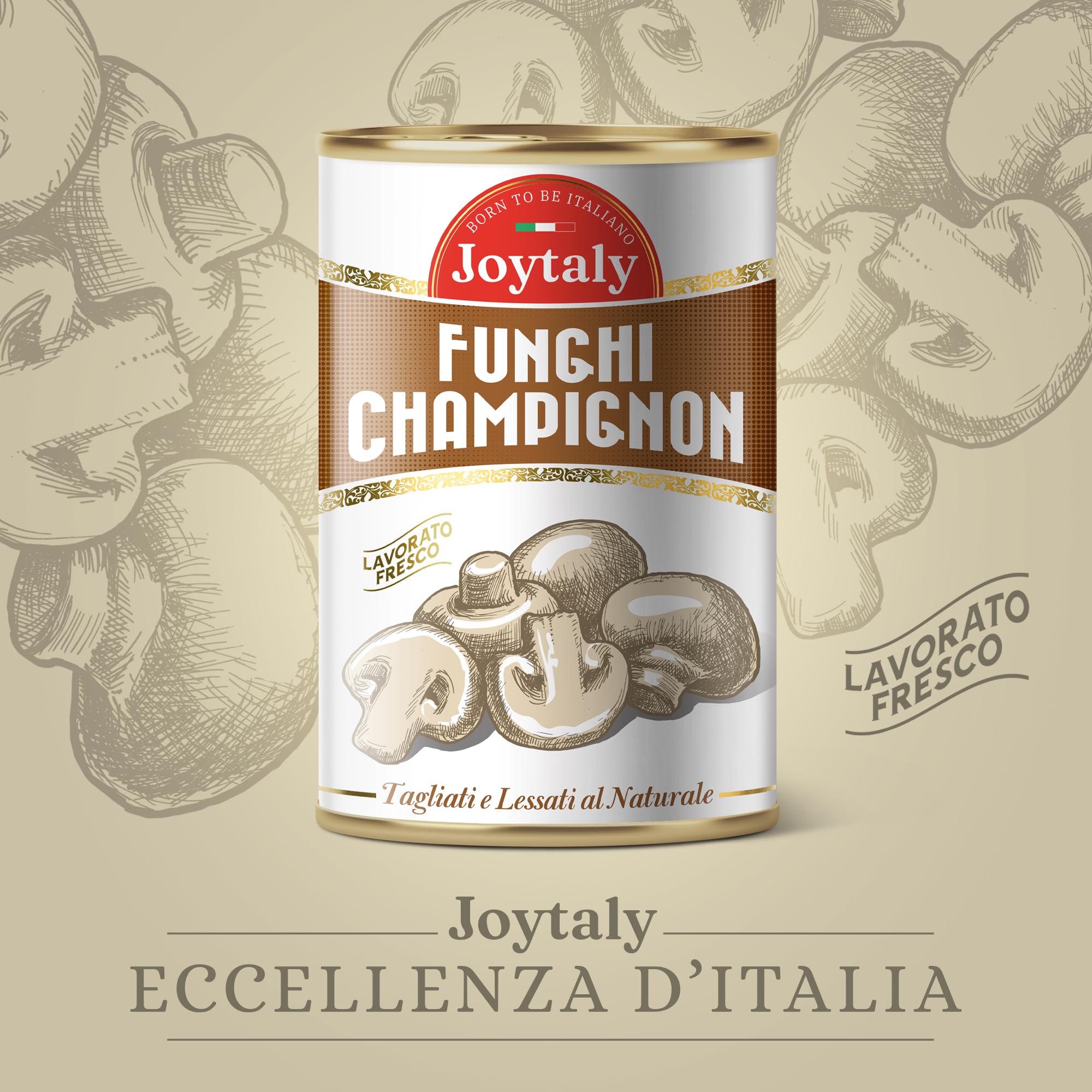Joytaly Funghi Champignon, Confezione da 12 Lattine da 390g, Prodotto e confezionato 100% Italiano