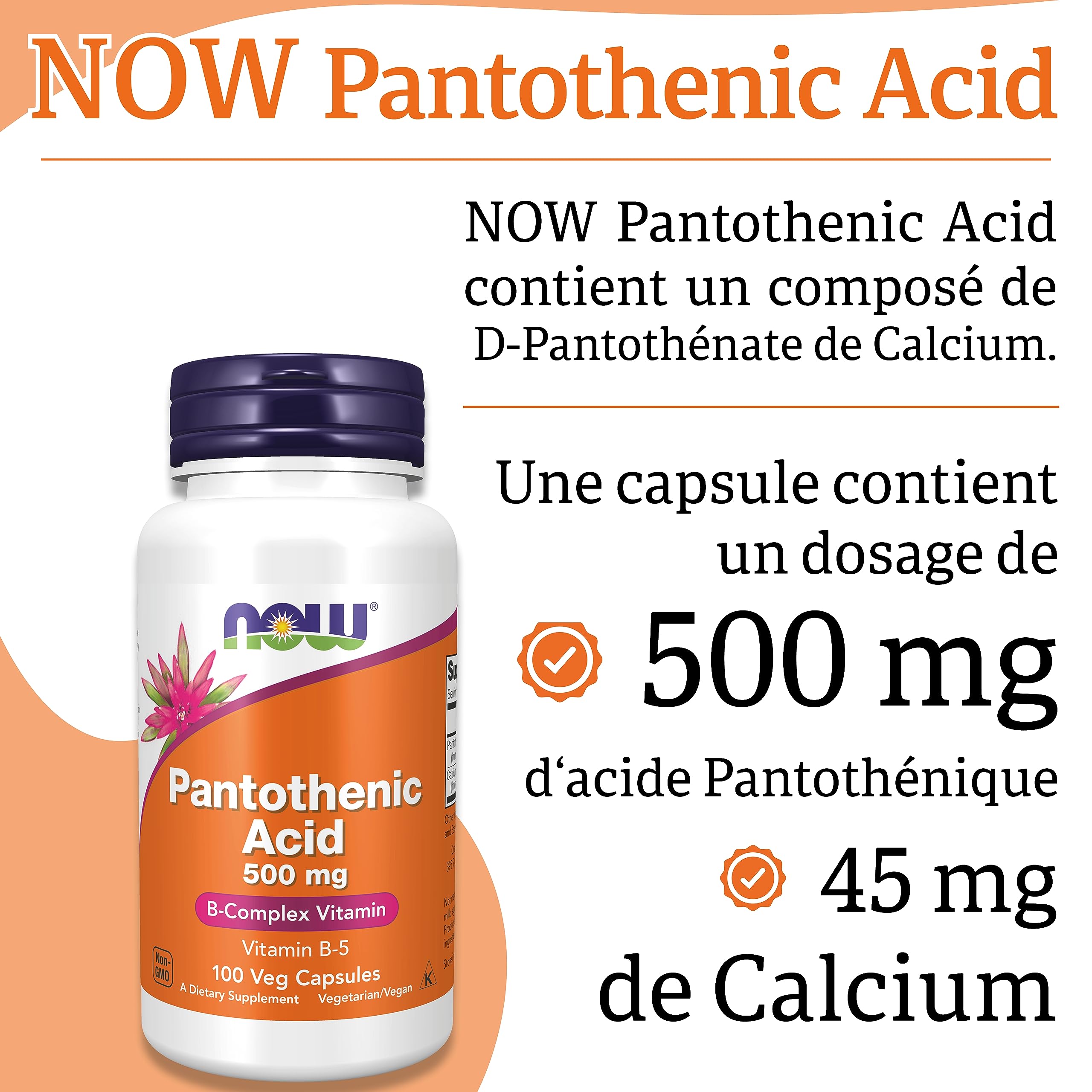 Now Foods, Pantothenic Acid (Acide Pantothénique), 500 mg, 100 Gélules végétaliennes, Testé en Laboratoire, Vitamine B5, Fortement Dosé, Sans Gluten, Sans Soja, Végétarien