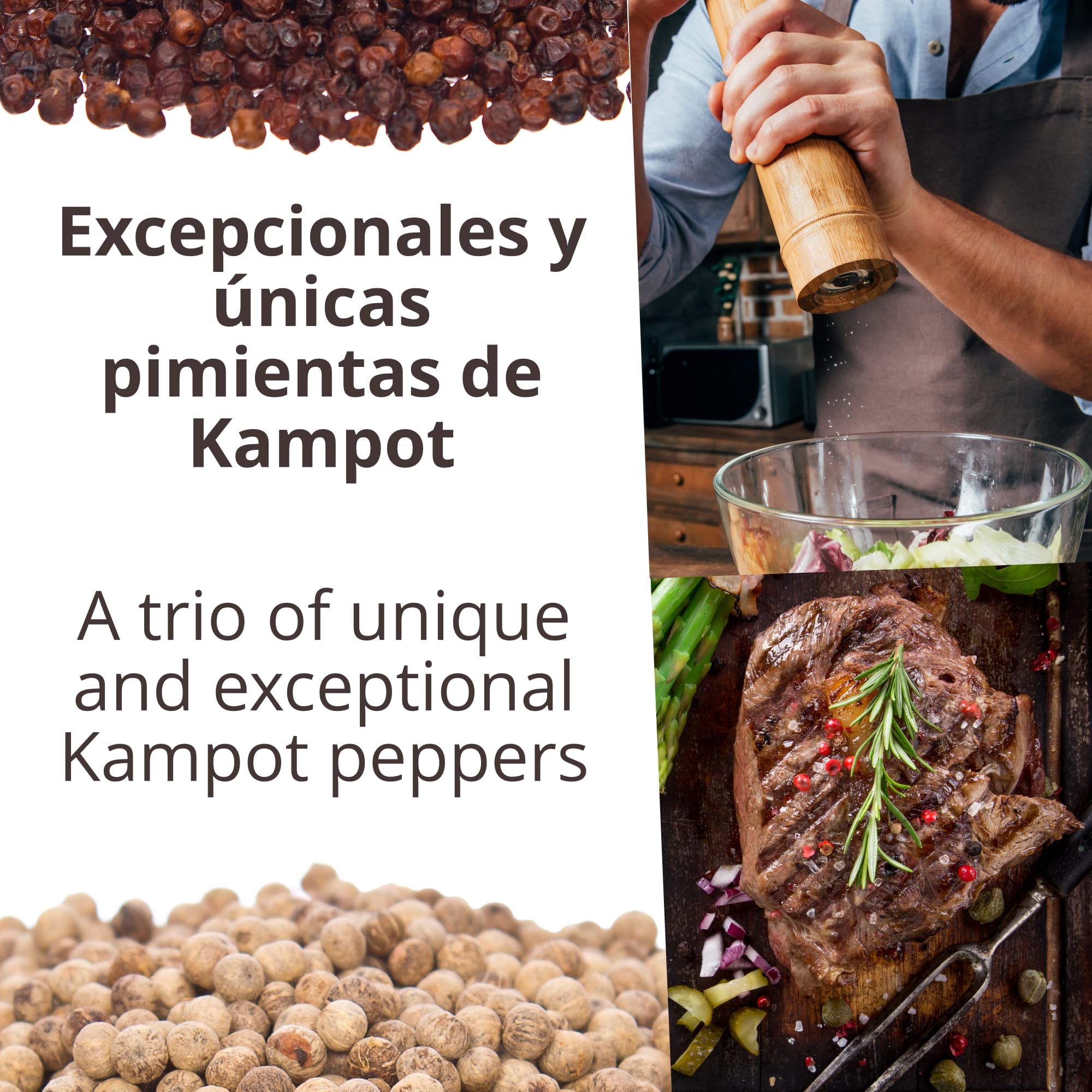 Khla - Set de 3 Pimientas de Kampot - Pimienta Negra, Blanca y Roja - 3 x 120g - Set Regalo Especias de Cocina - Pack Pimentas Gourmet - Regalo para Mujer, Hombre - Origen Camboya