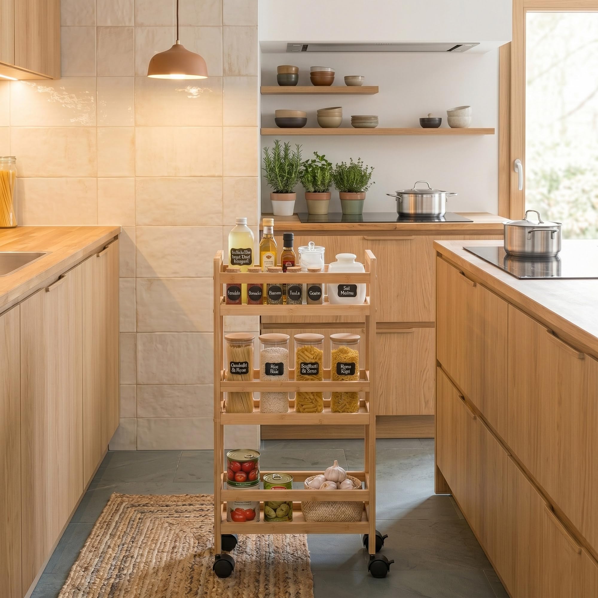 Well Home - Carrello ausiliario in bambù con ruote, 36 x 15 x 74,5 cm, 3 livelli, ideale per cucina, bagno e ufficio, salvaspazio