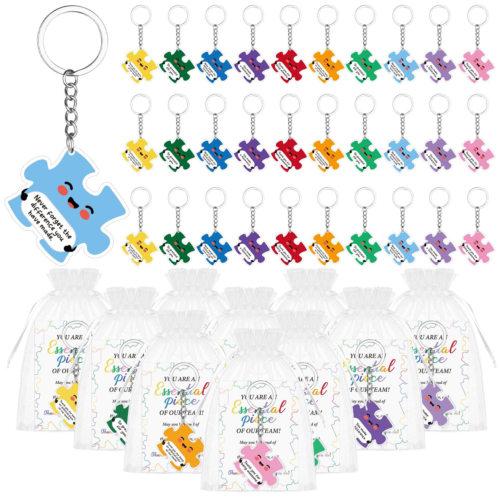 Juego de 30/50/80 llaveros de rompecabezas de agradecimiento para regalos de agradecimiento al equipo, llavero acrílico con tarjetas de agradecimiento para empleados, personal, colegas