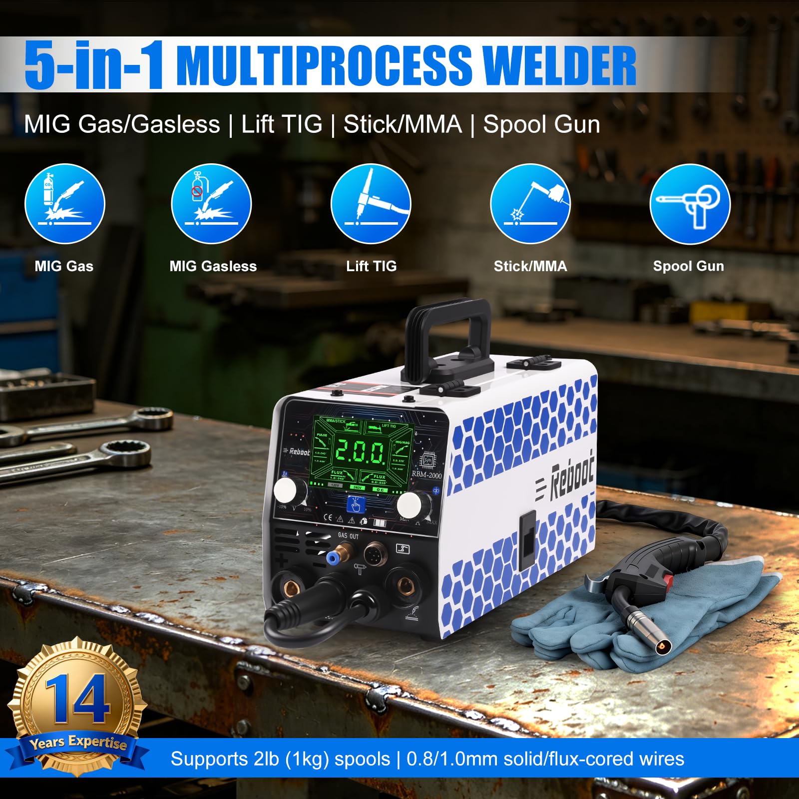 Reboot 200A Poste à souder MIG 5-en-1 Synergique – MIG MAG Gaz/Gazless, Lift TIG, MMA, Points – Soudage alu – 240V Portable Bricolage – RBM2000G