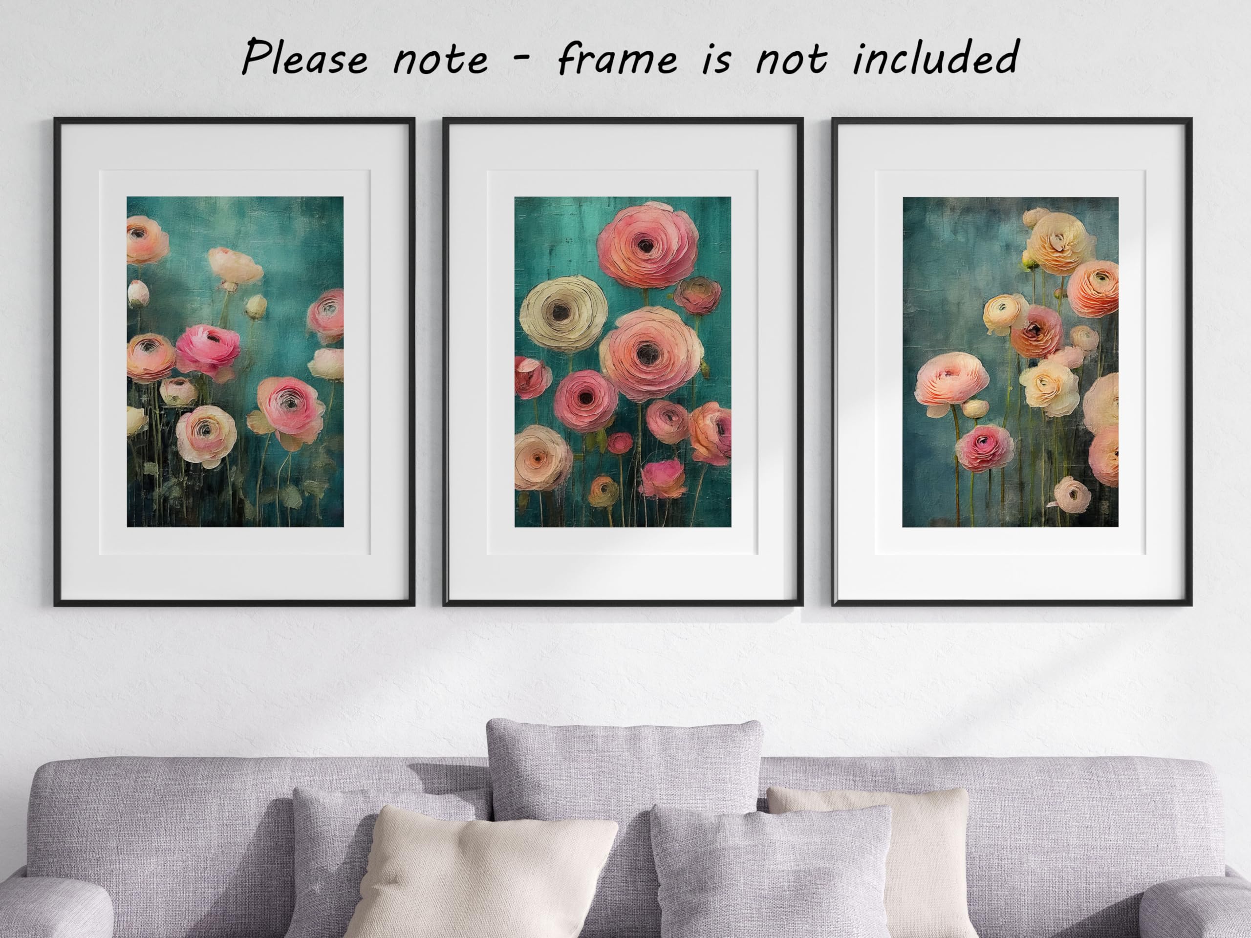 Texture Style Brightly Coloured Ranunculus Flowers Wall Art Set of 3 Unframed Poster Prints, Botanical Plant Decor - Image 4