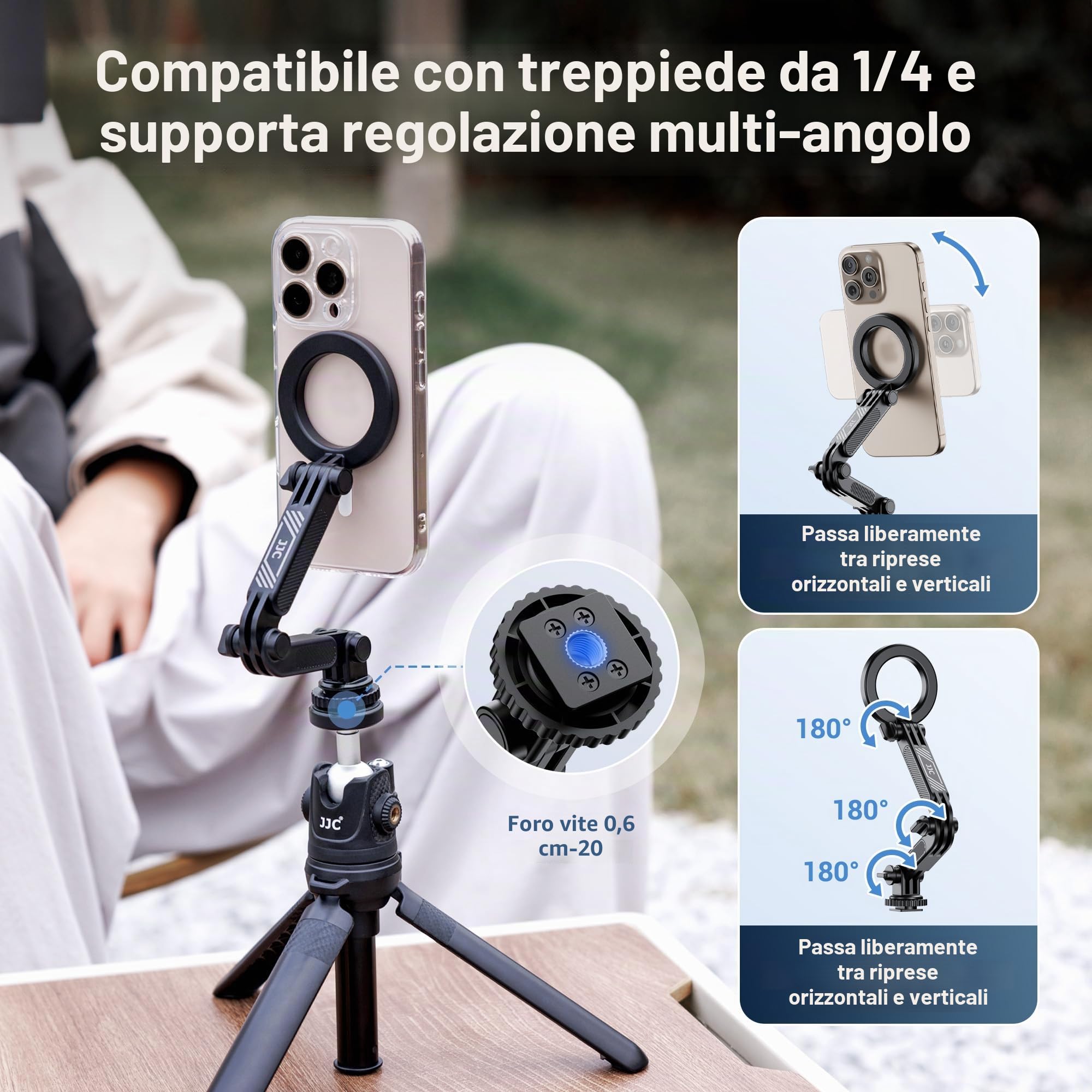 JJC Supporto Magnetico per Treppiede per Telefono con Scarpa Fredda e Vite da 1/4", Adattatore Flessibile Regolabile per Fotocamera per iPhone 16 15 14 13 per GoPro Hero 13 12 11 per DJI Action 4 3