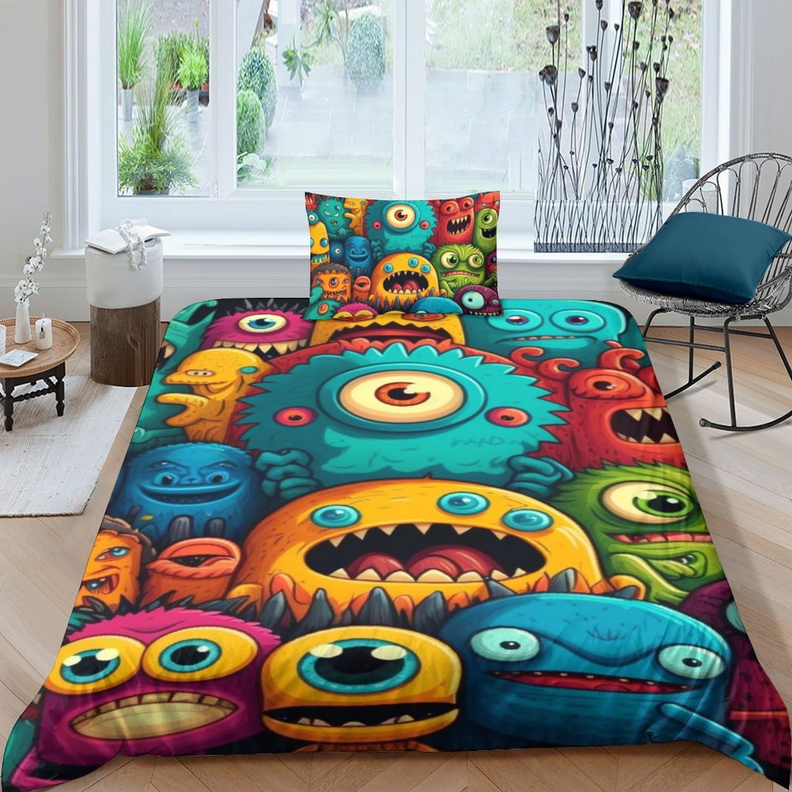 Housse de couette 3d parure de lit microfibre enfant monstre coloré single 135x200cm avec taies