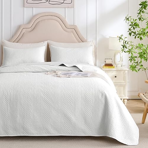 Queen Size Quilt Set White Quilt, Reversible Fall Bedspread Coverlet, All Seasons, Rustic Shabby Chic Quilted Blanket Bedding Sets with 2 Pillow Shams, Plaid Thin Comforter（White, Queen）