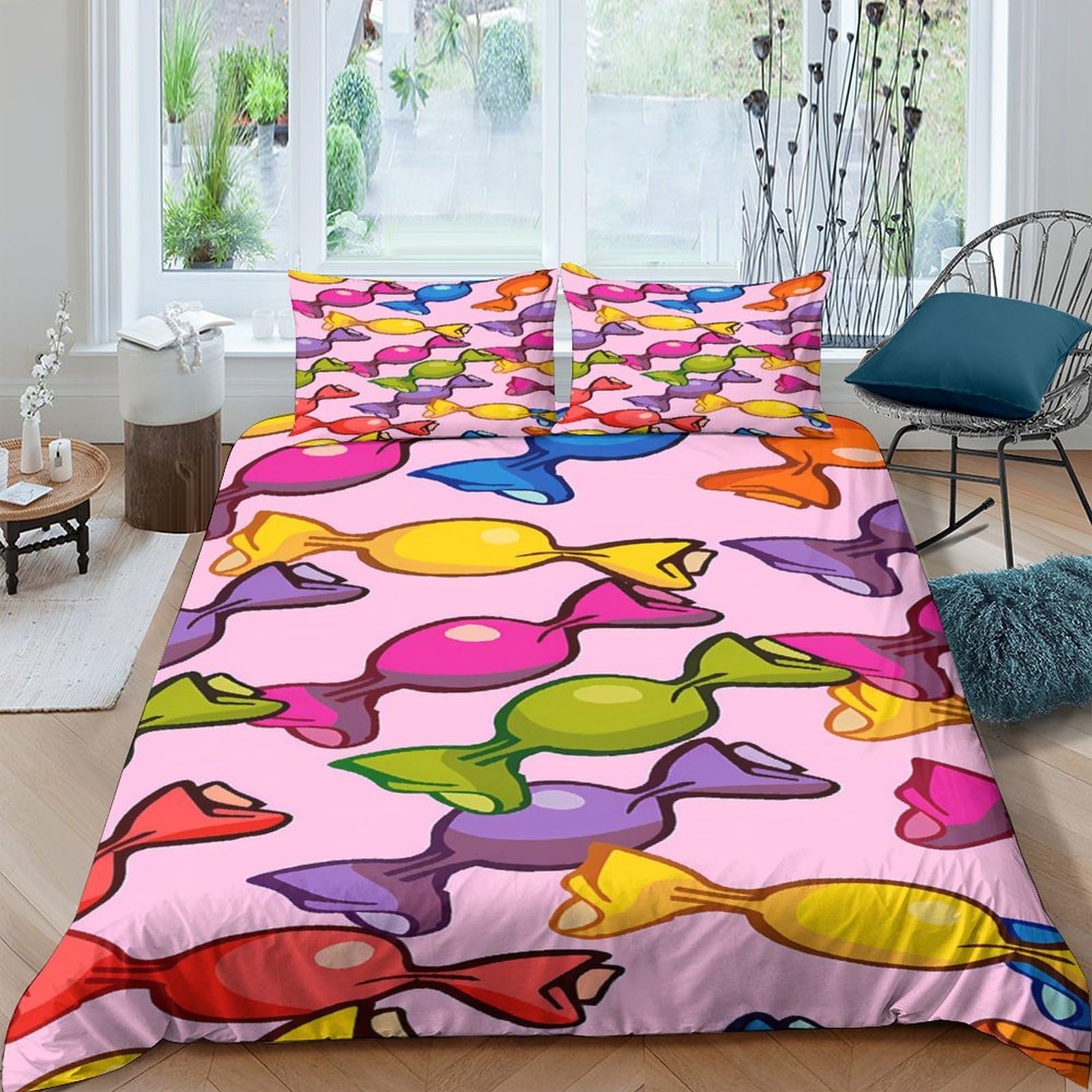 Ctjqhvkz Style-4 3D Printed Colorful Candy Fitted Sheet Microfiber Soft Pink Sweet Treats Bed Cover For Bedroom Dorm Decor Single（135X200cm）
