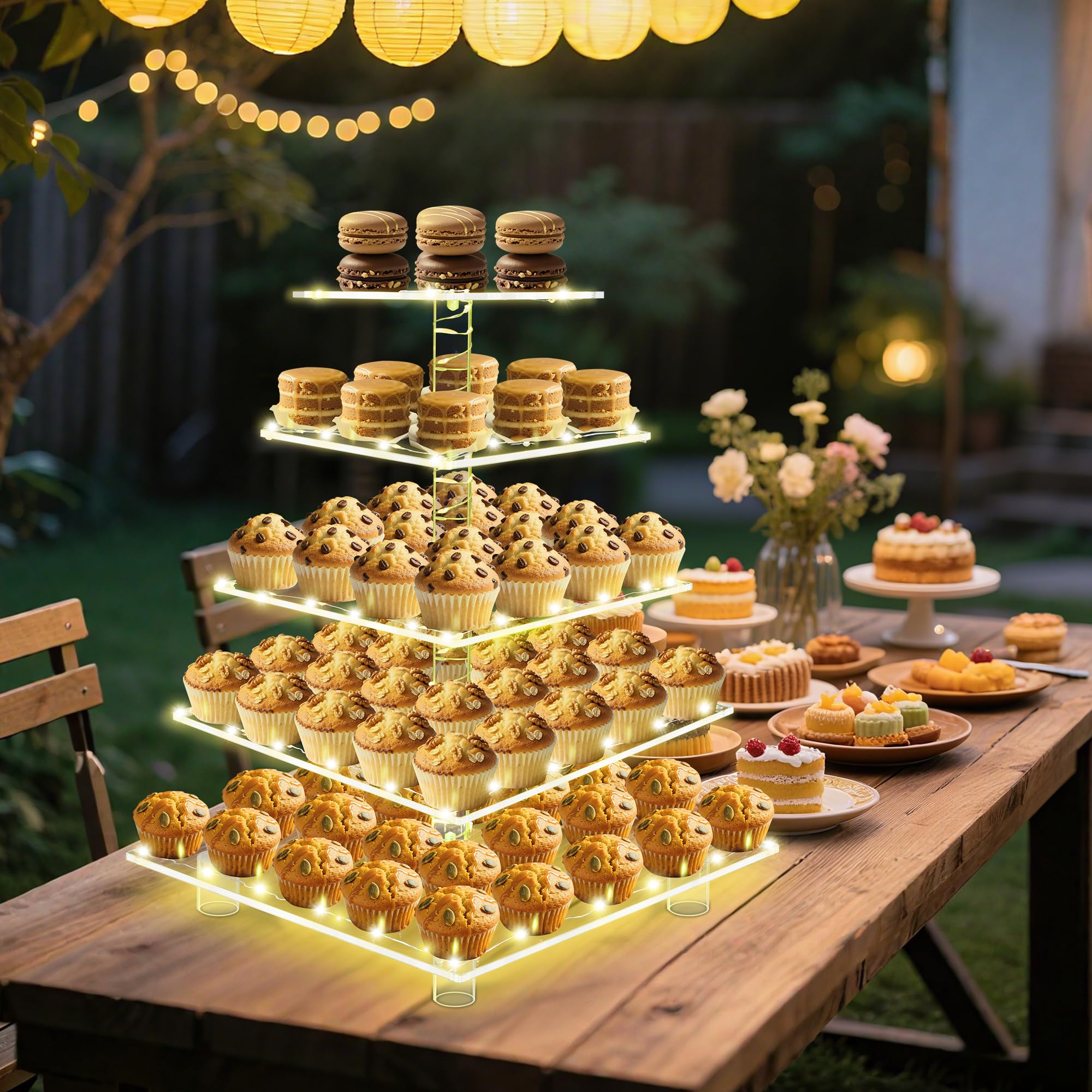 5-poziomowy stojak na babeczki, przezroczysta wieża na babeczki z lampkami sznurkowymi, duży kwadratowy uchwyt na babeczki, ekspozycja deserów na baby shower, przyjęcie herbaciane i wesele