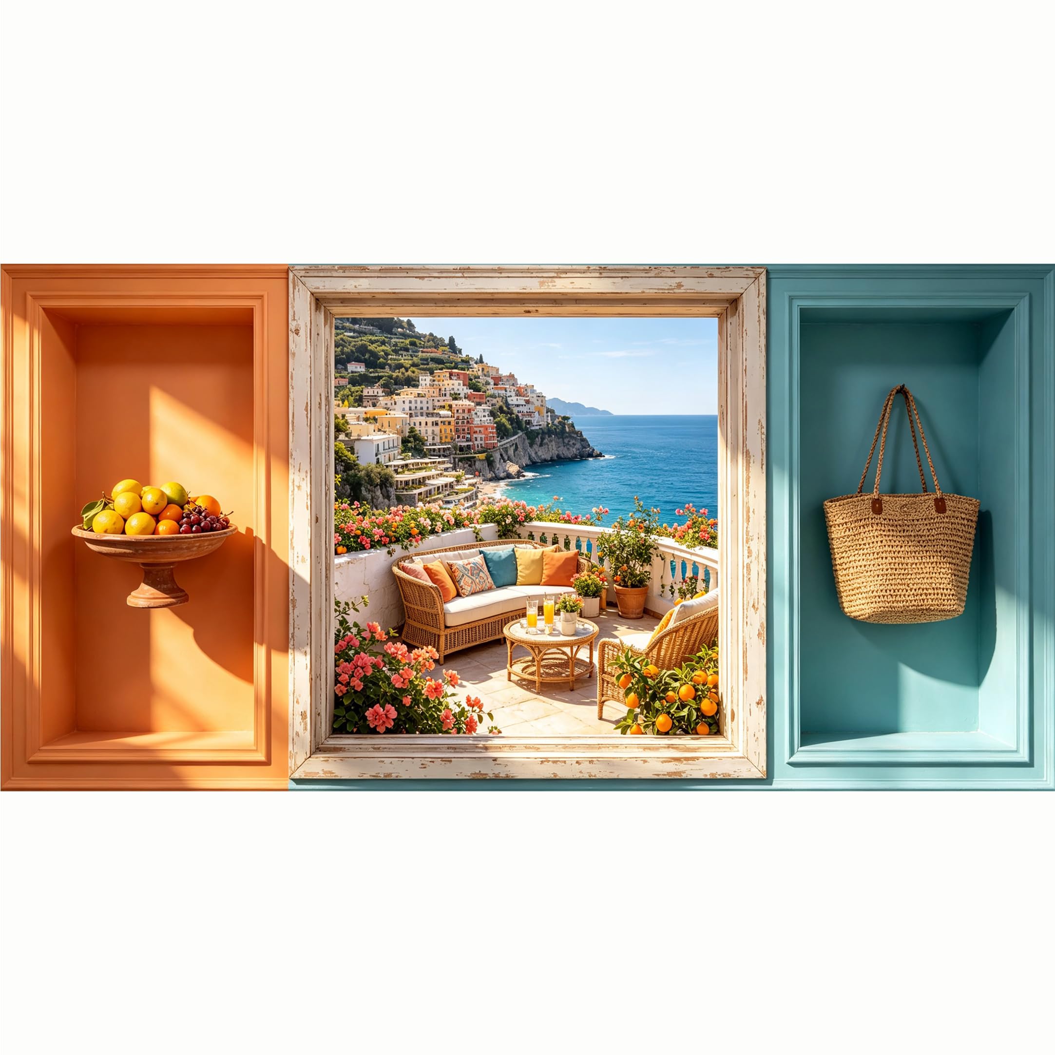 QZLITHOTIC 50x100cm 3D Framed Wall Art， Mediterranean Coastal Landscape Terrace Self‑Adhesive Mural， Water‑Activated Peel & Stick Fabric Decor Wall Decal for Bedroom Living Room