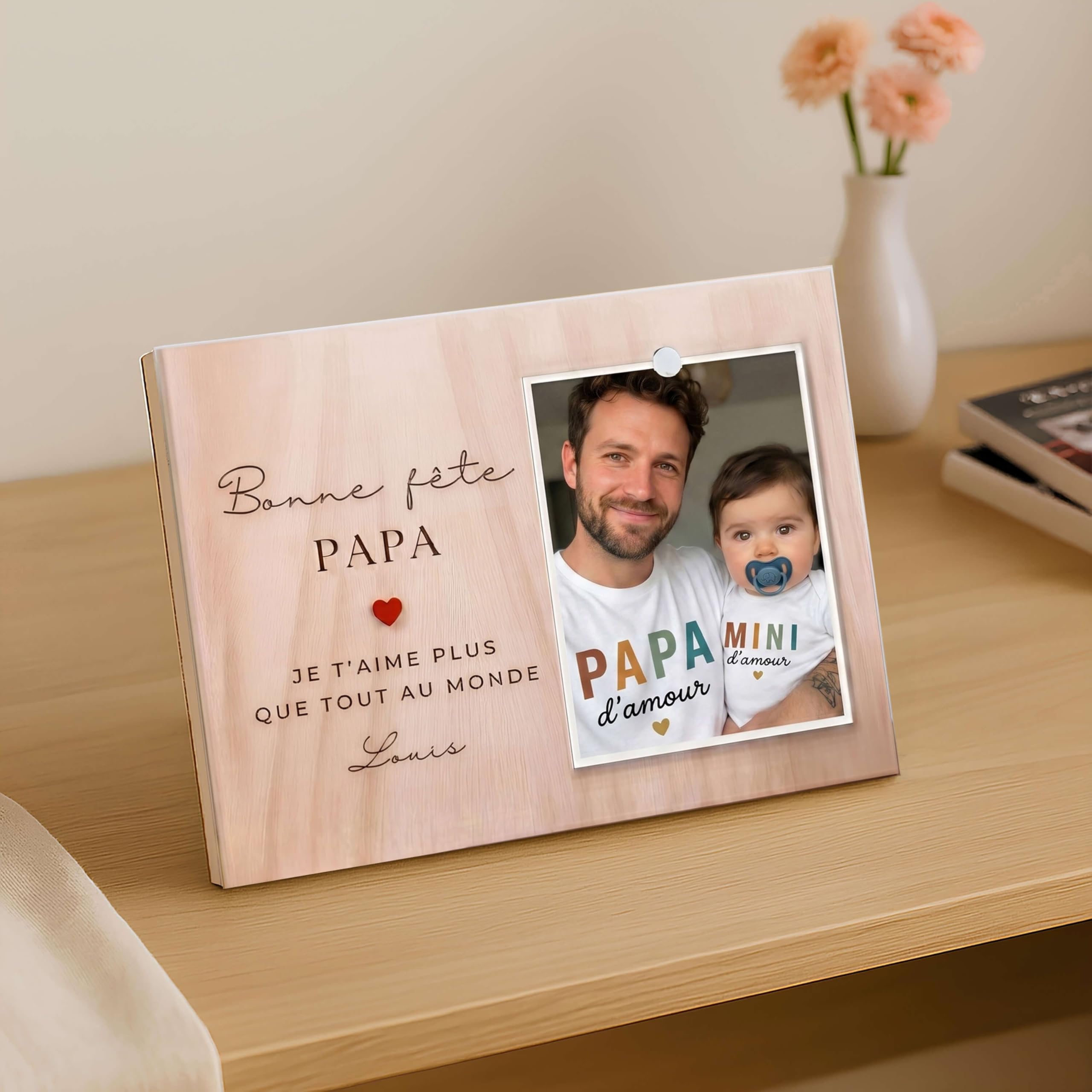 cadre photo personnalisé pour une 1ère fête des pères, idée cadeau fête des pères personnalisé, bonne fête papa, bois gravé, souvenir papa