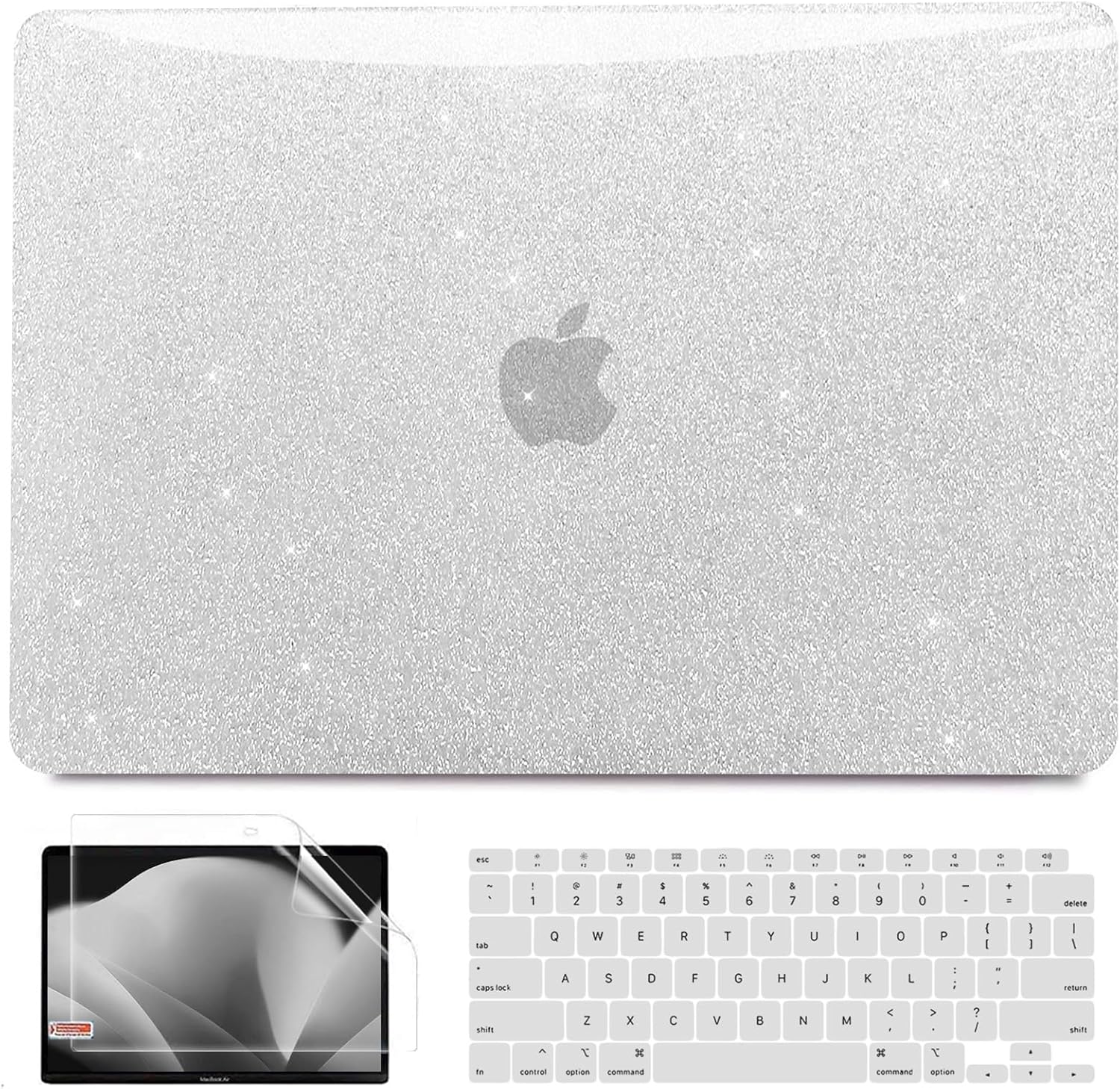 Anban Compatible with MacBook Air 13 inch Case M1 2022 2021 2020 2019 2018 A2337 A2179 A1932, Glitter Plastic Hard Shell+ Keyboard Cover+ Screen Protector for MacBook Air 13.3 inch Case, Shiny Silver
