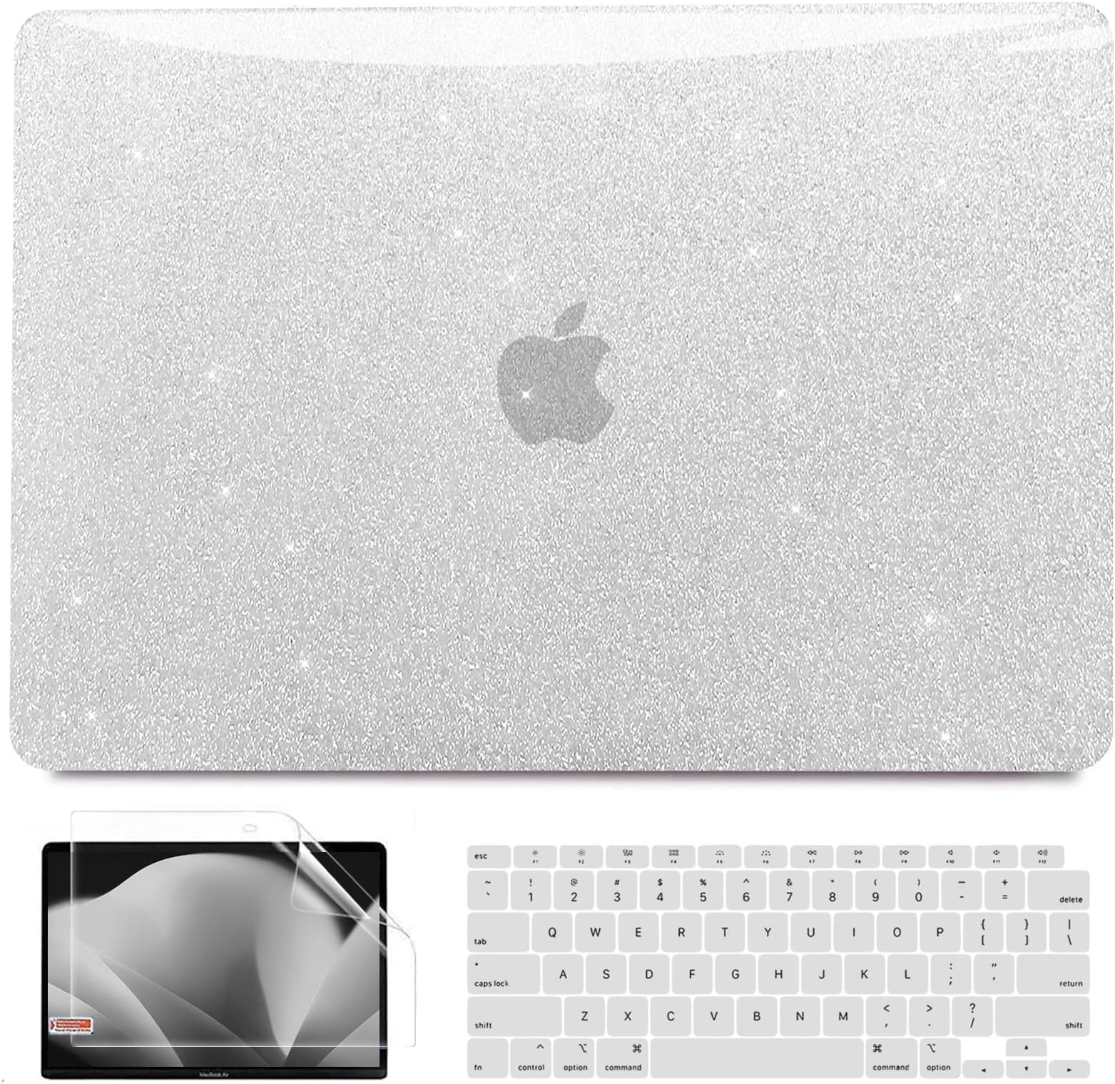 Anban Compatible with MacBook Air 13 inch Case M1 2022 2021 2020 2019 2018 A2337 A2179 A1932, Glitter Plastic Hard Shell+ Keyboard Cover+ Screen Protector for MacBook Air 13.3 inch Case, Shiny Silver