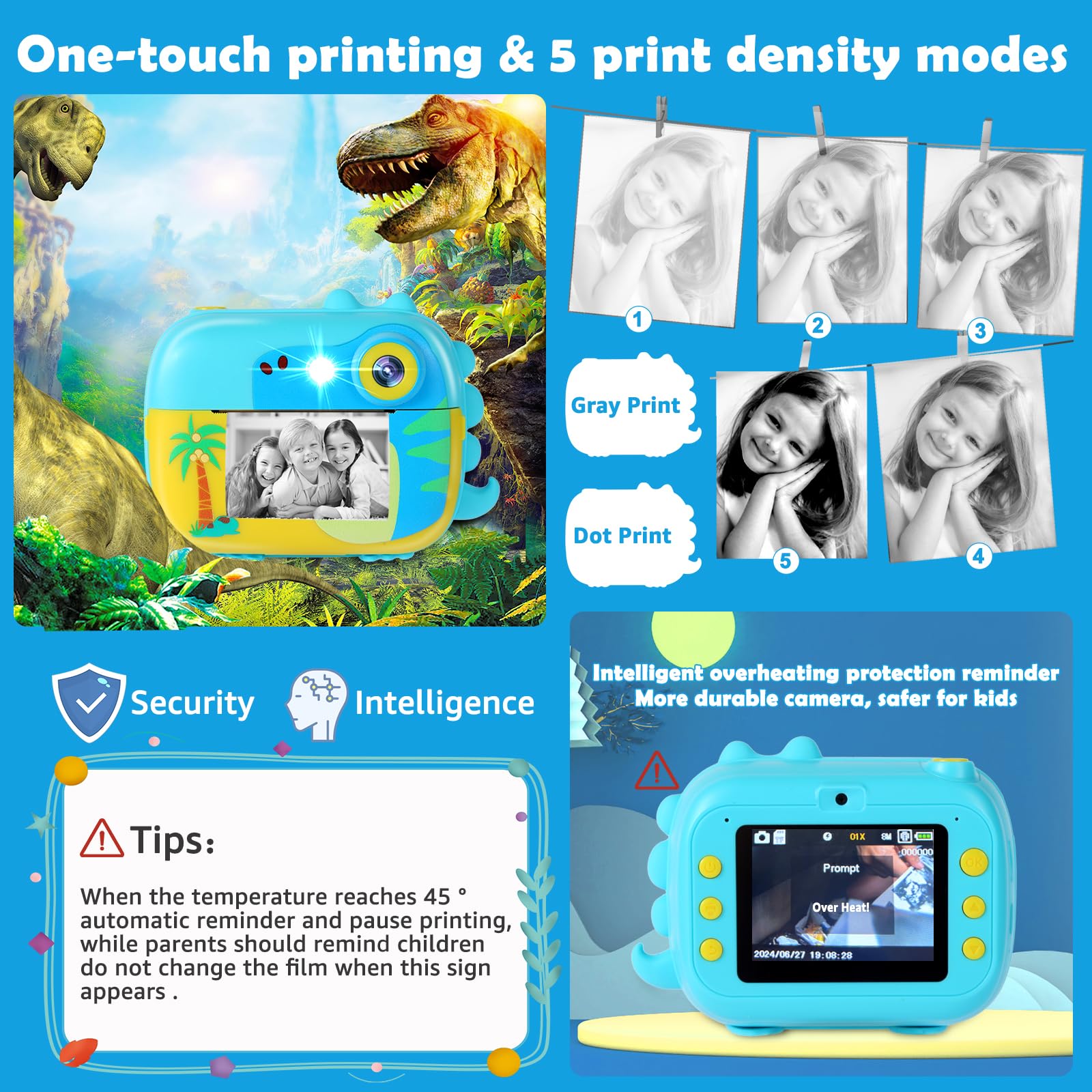 Cámara de impresión instantánea para niños, juguetes de cámara digital para niños con video HD para niños de 3 a 12 años, regalo de festival de cumpleaños de Navidad para niñas y niños, con 7 rollos 6