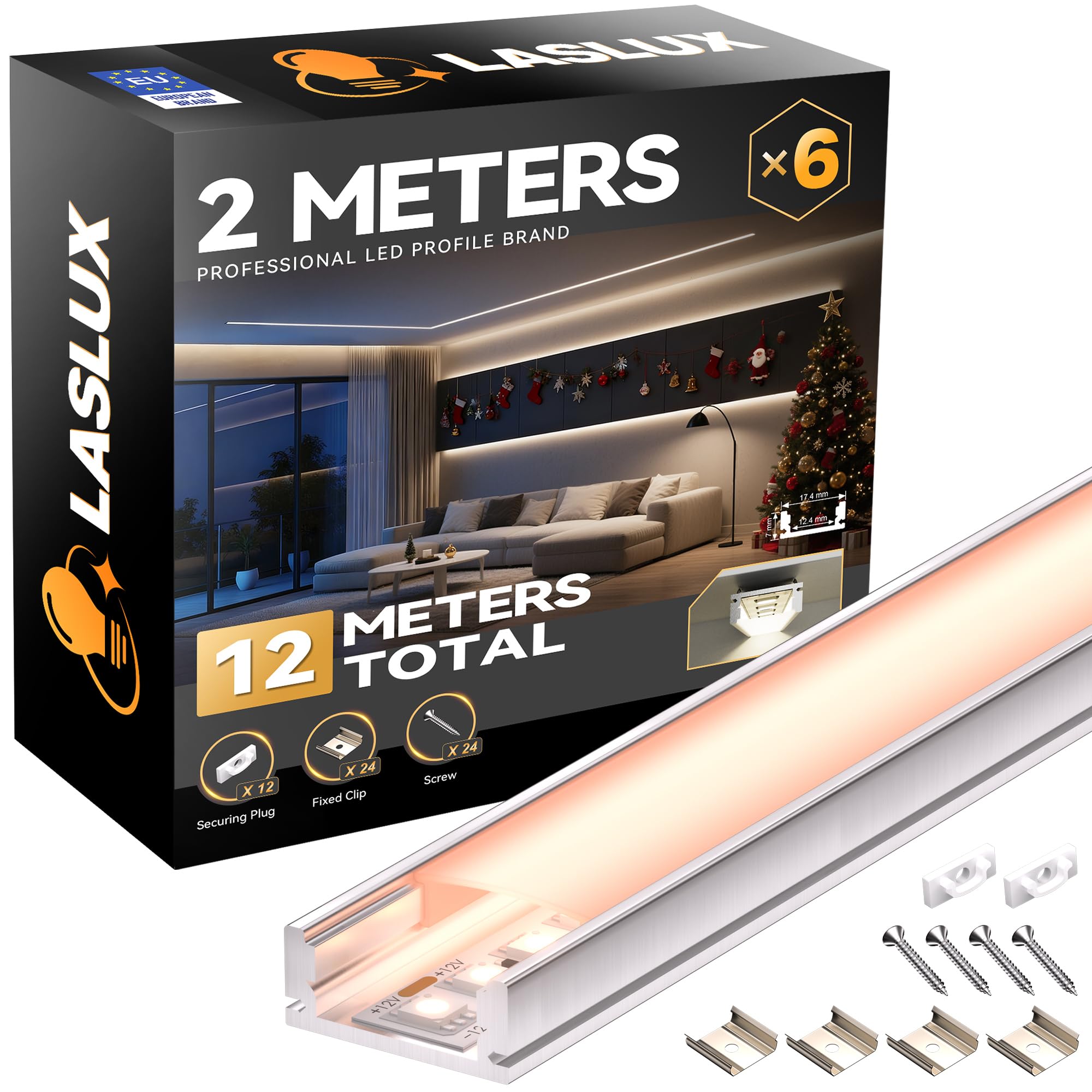 LASLUX Profilé LED Aluminium 2m*6pc(12m) Encadrable Diffuseur Transparent Profilé en U Encastrable Placo Rail Baguette Aluminium pour Ruban Cache Étanche Plafond Profilé LED